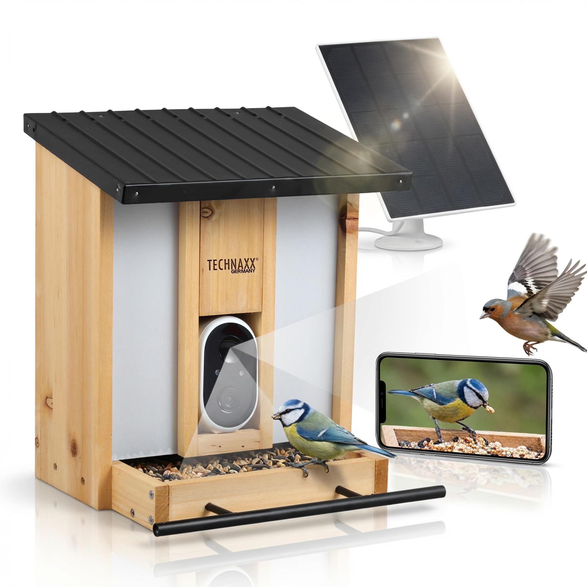 Technaxx Mangeoire à Oiseaux avec Caméra WiFi TX-384 – Caméra HD 3MP Solaire, Vision Nocturne, Détection de Mouvement, Application Mobile, Mangeoire en Bois, MicroSD