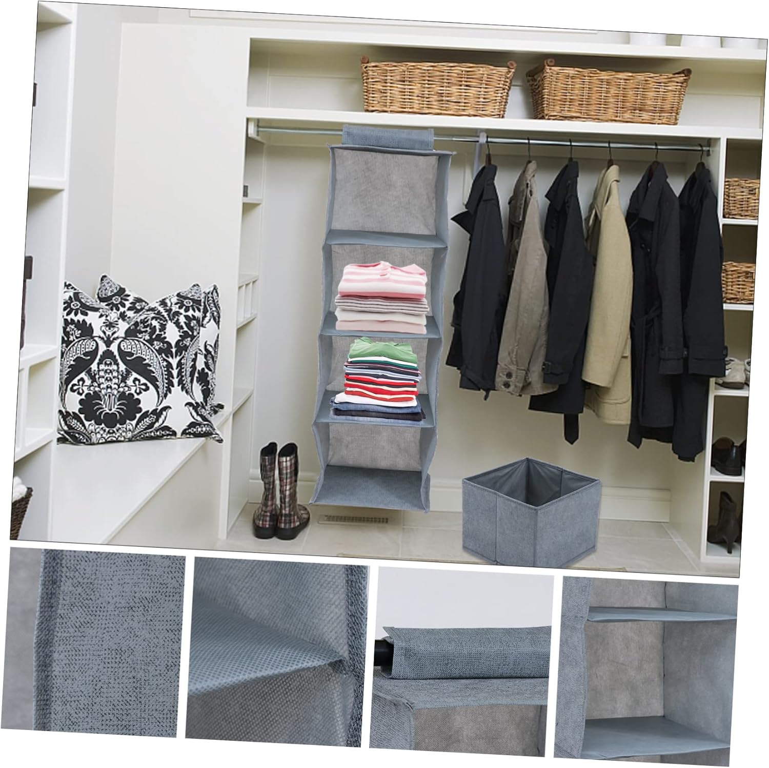 Multi-Layer Washable Hanging Closet Organizer with Drawers Portable Clothes Storage Bag for Wardrobe for Bedroom and Travel Grey Fabric