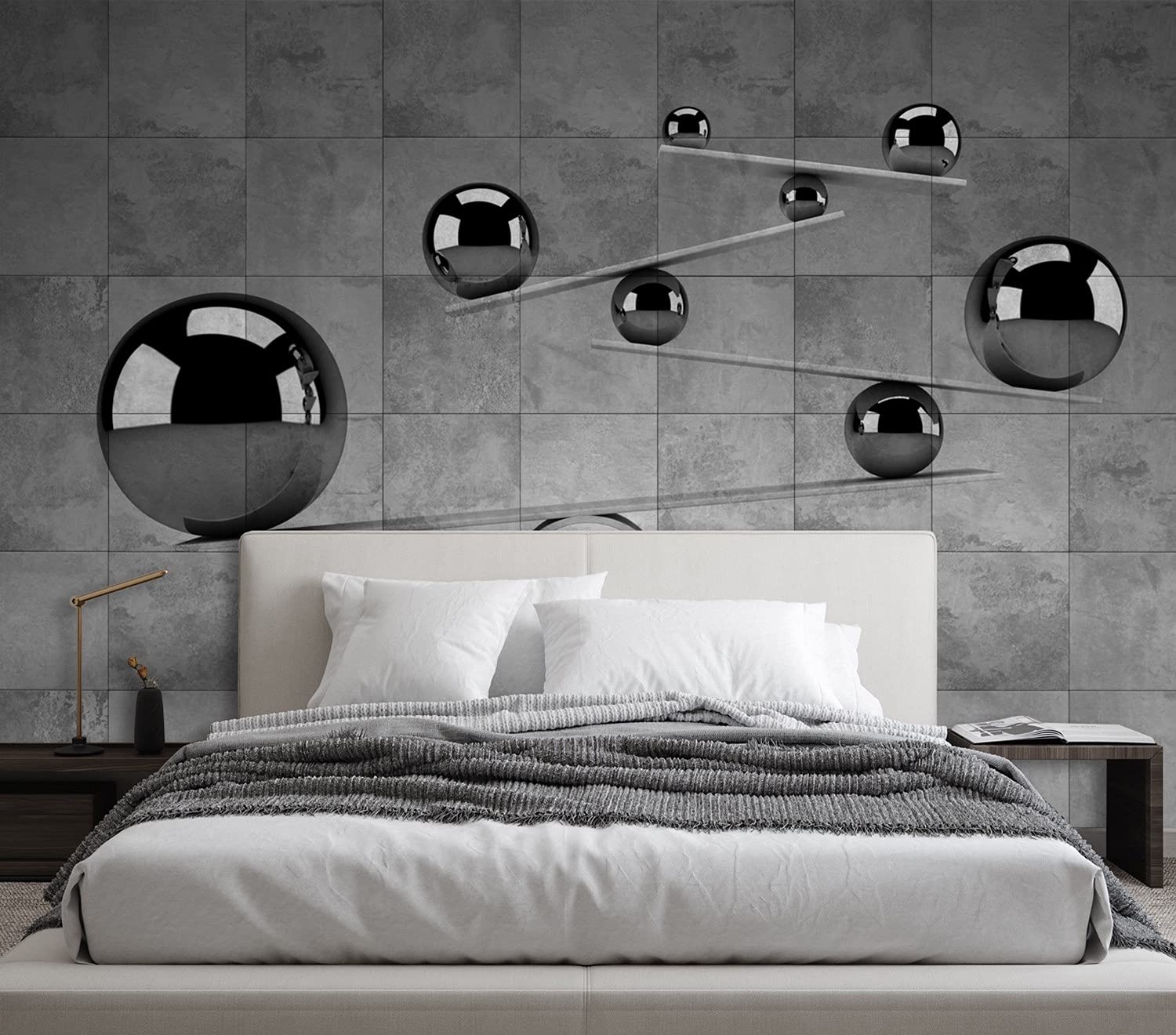 Feeby Vliesbehang Abstract Evenwicht 368x254 cm Grijs Muurschildering 3D Muur Behang Wallpaper Moderne Wanddecoratie Wandschilderijen XXL Woonkamer Slaapkamer Loft Spa Hotel Bollen Beton 3D-Effect