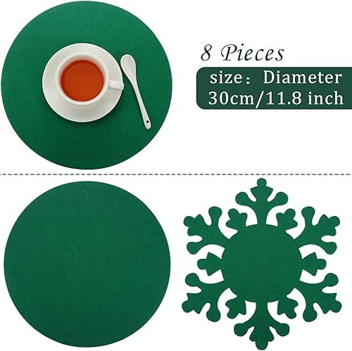 Miniatura 2 de Boao Juego de 8 manteles individuales y posavasos de Navidad de 11.8 pulgadas, tapete redondo de copos de nieve de Navidad rojo y verde, tapete de