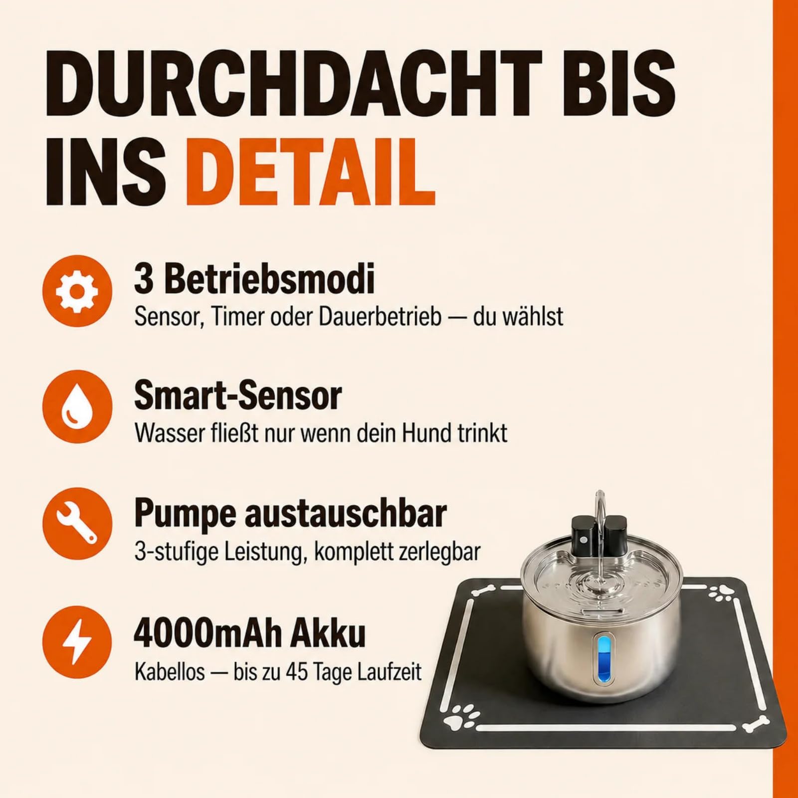 Vello Brunnen Hund,Kabelloser Katzenbrunnen Edelstahl 135oz/4L,Automatischer Haustier Wasserspender mit vierstufigem Filter,Leise Pumpe,für Katzen und kleine Hunde