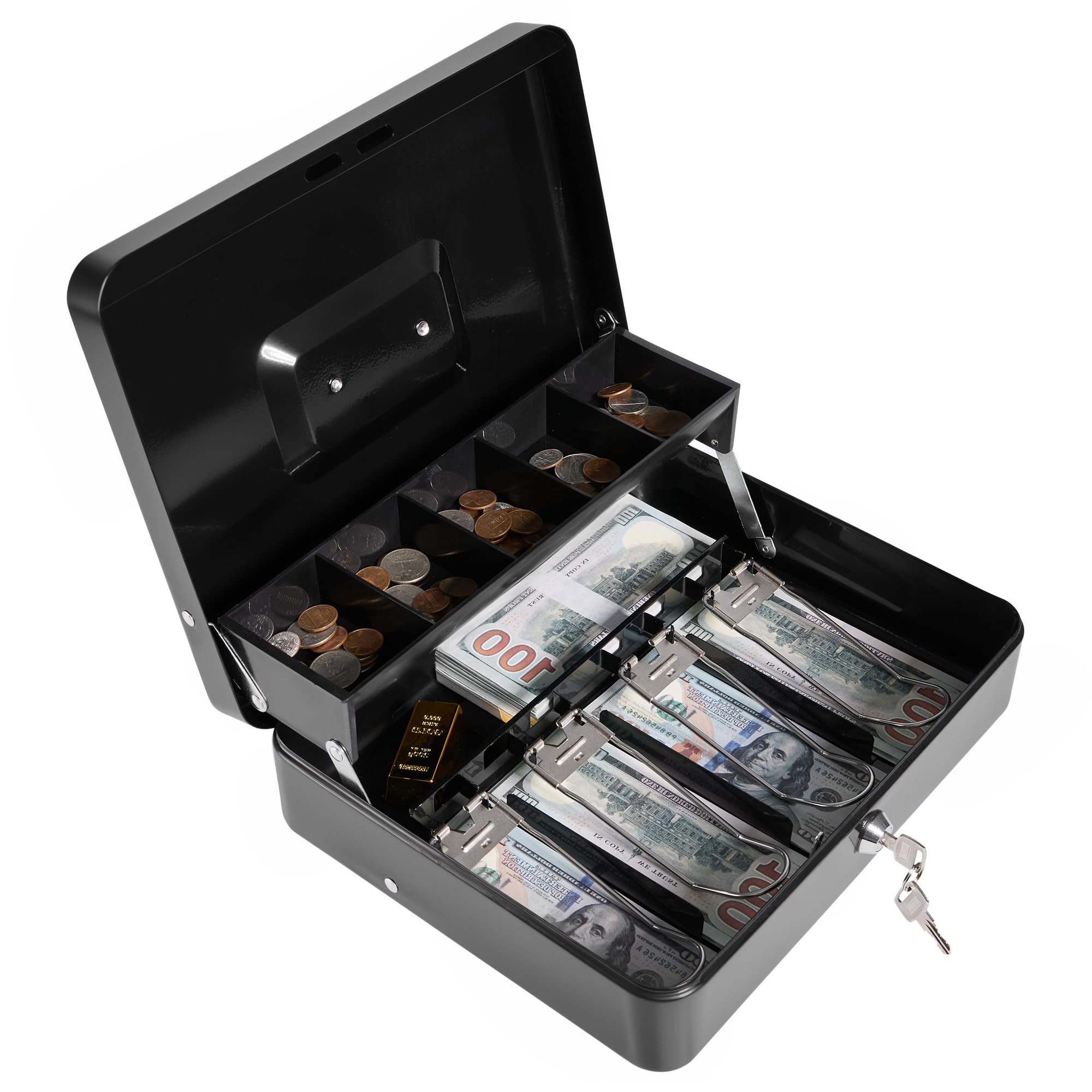 Locking Cash Box with Key Lock and Money Tray, Money Box, Lock Safe Box, Cash Money Lock Safe Box for Cash Register 11.8"x9.45"x3.54" (Black Key)-image-26