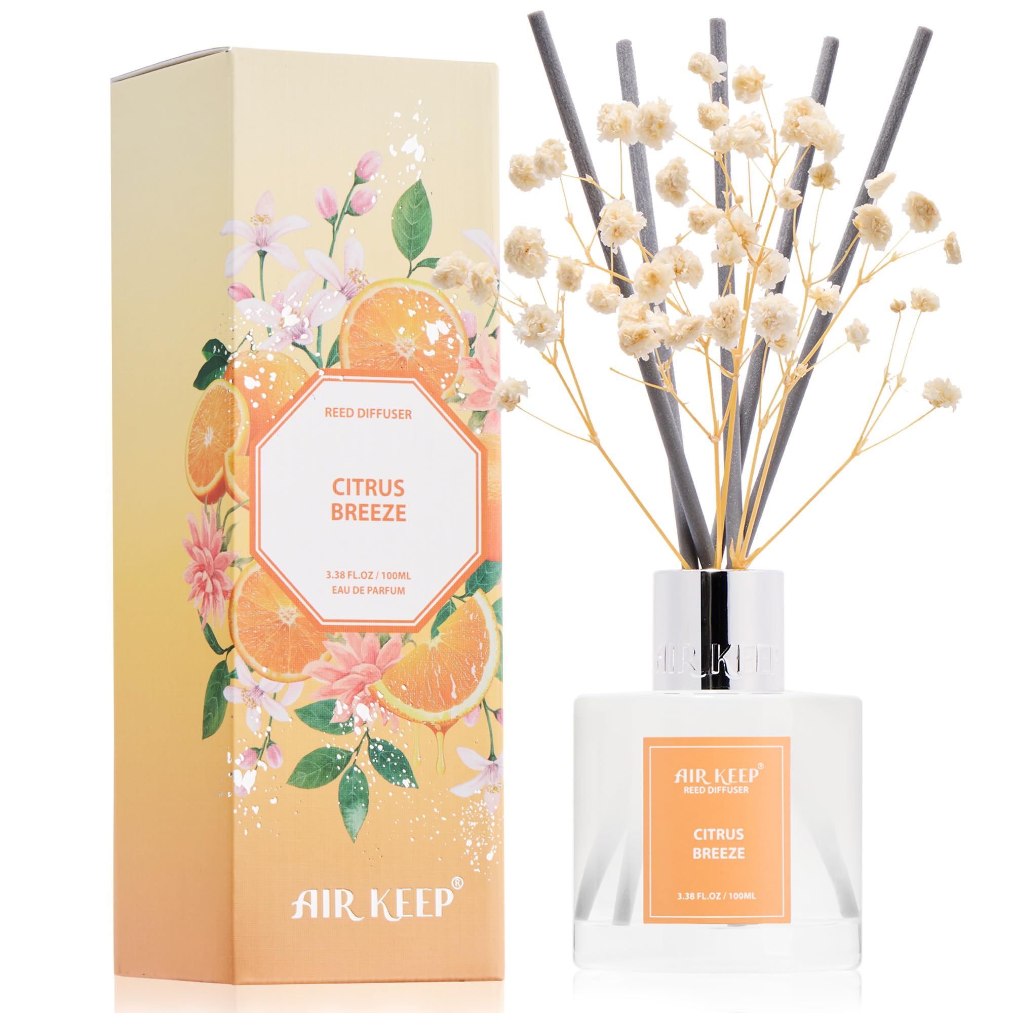Airkeep Reed Diffuser Set,3.38 fl oz (100 ml) - Citrus Breeze Oil Diffusers with 8 Reed Sticks, Home Fragrance Reed Diffuser for Bathroom Shelf Decor