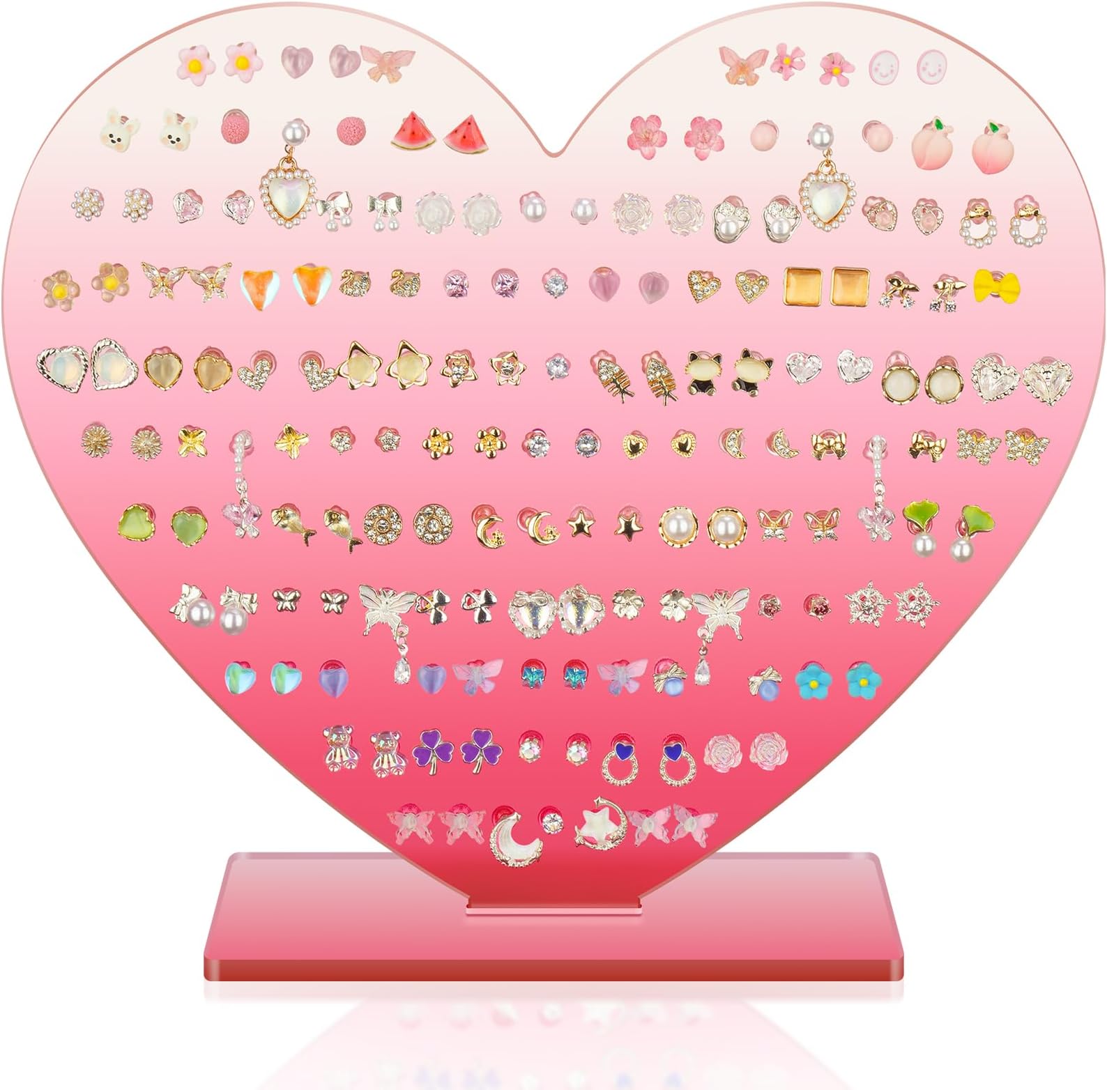 NiHome Heart-Shaped Acrylic Earring Holder Stand for Studs & Dangles, Romantic Jewelry Organizer for All Ages, Vanity Dresser/Boutique Decorative Display Holds 85 Pairs wIth 171 Holes (Pink Gradient)