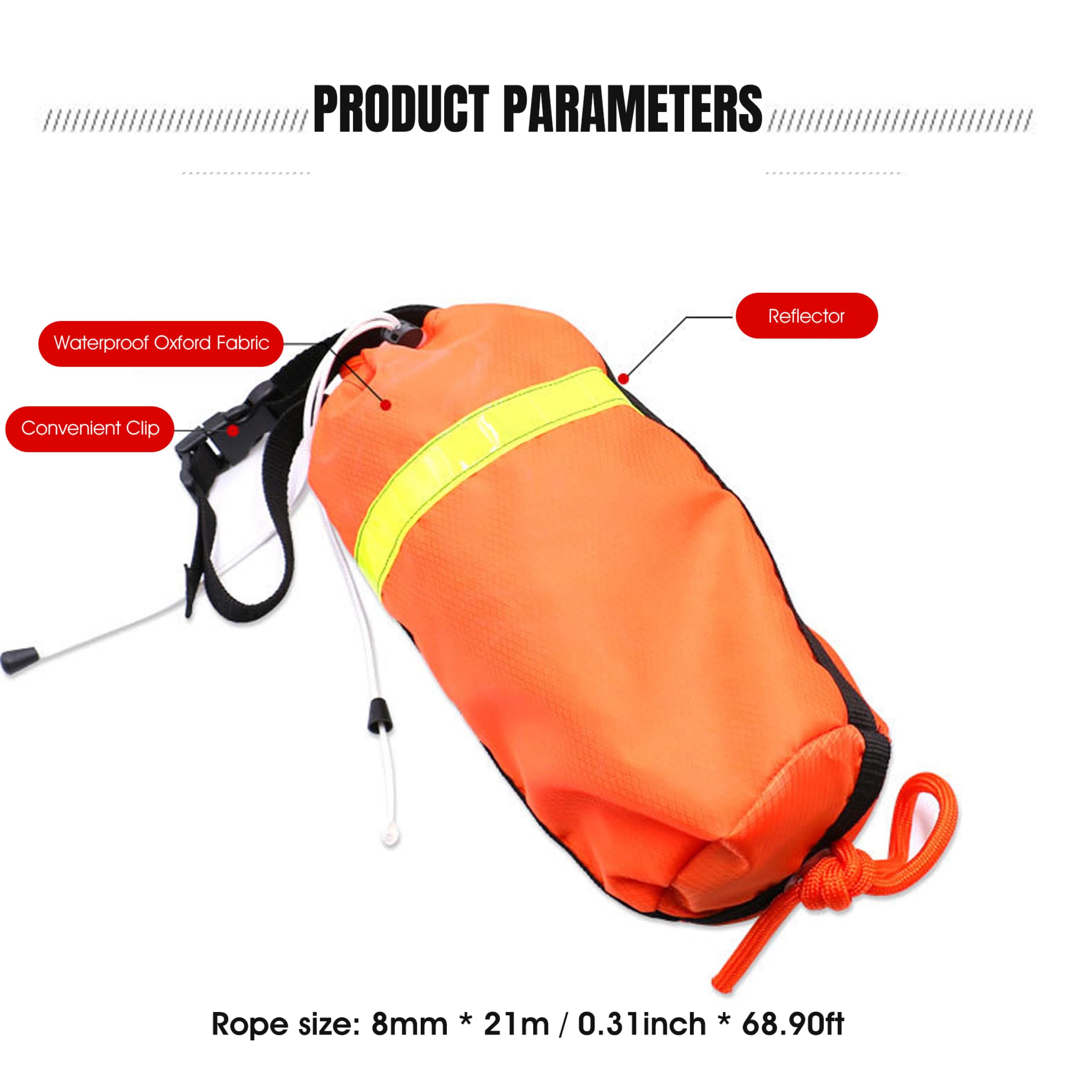 Wurfsack 70 Fuß Wurfbares Schwimmgerät mit reflektierendem Schwimmseil, Sicherheitsausrüstung, ideal für Boot, Kajak, Floß, Pool, Orange