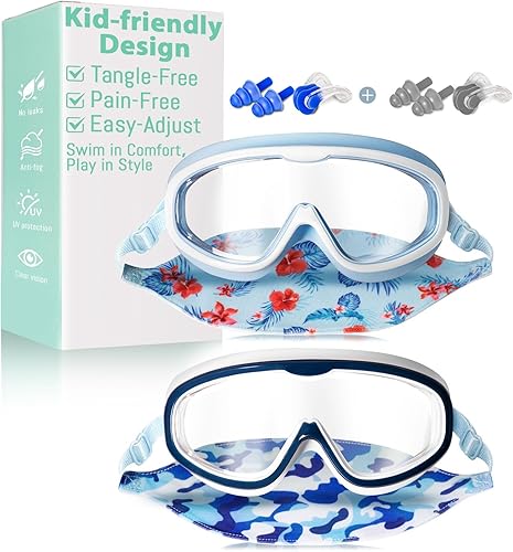 Pixel Panda 2 Pack Kids Swim Goggles with Fabric Strap for 6-14, Anti-Fog Anti-UV No Hair Pulling Wide View Swimming Goggles