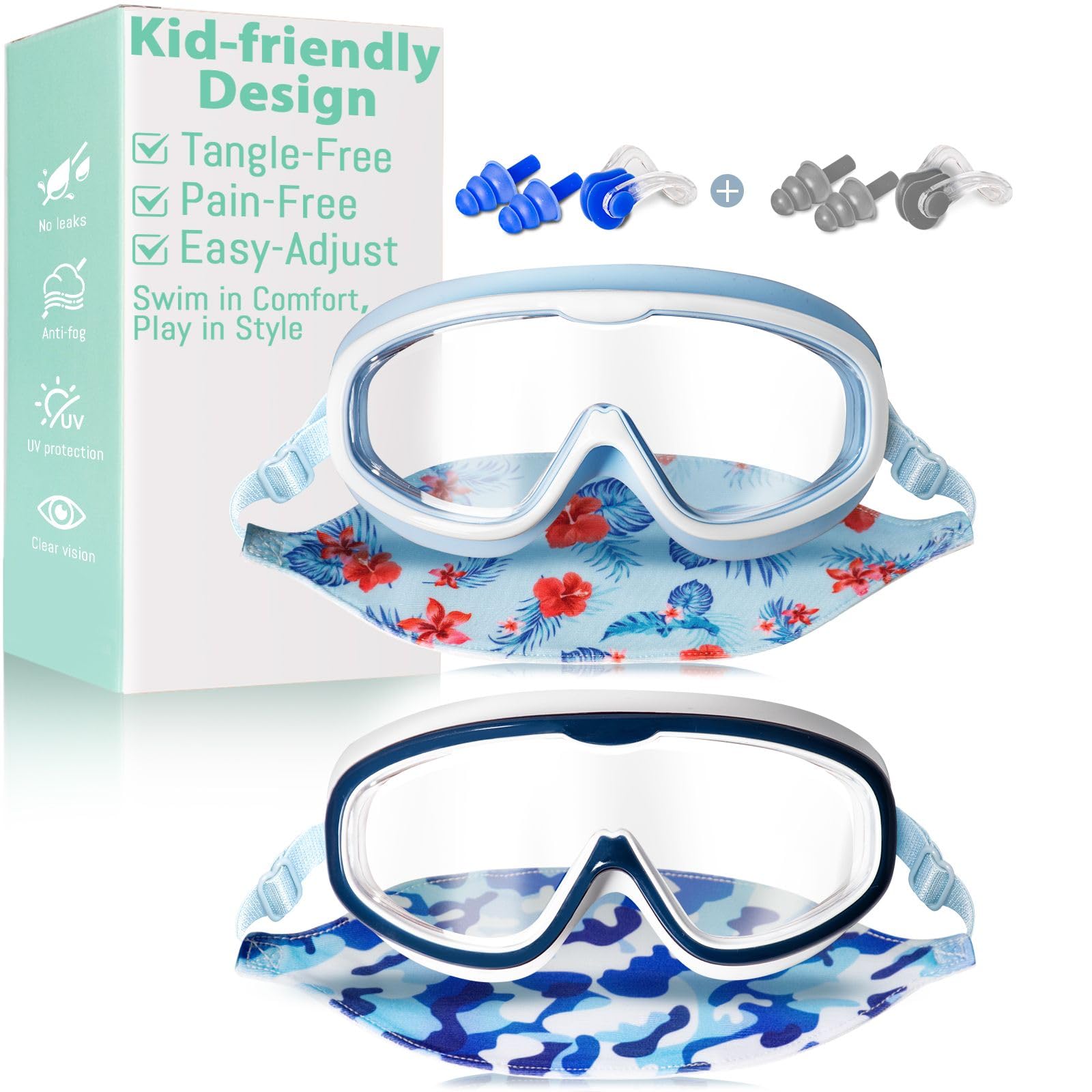 Pixel Panda 2 Pack Kids Swim Goggles with Fabric Strap for 6-14 Wide View Anti-Fog Anti-UV, No Leak No Hair Pulling Swimming Goggles Boys Girls Youth Toddlers Pool Water Protection