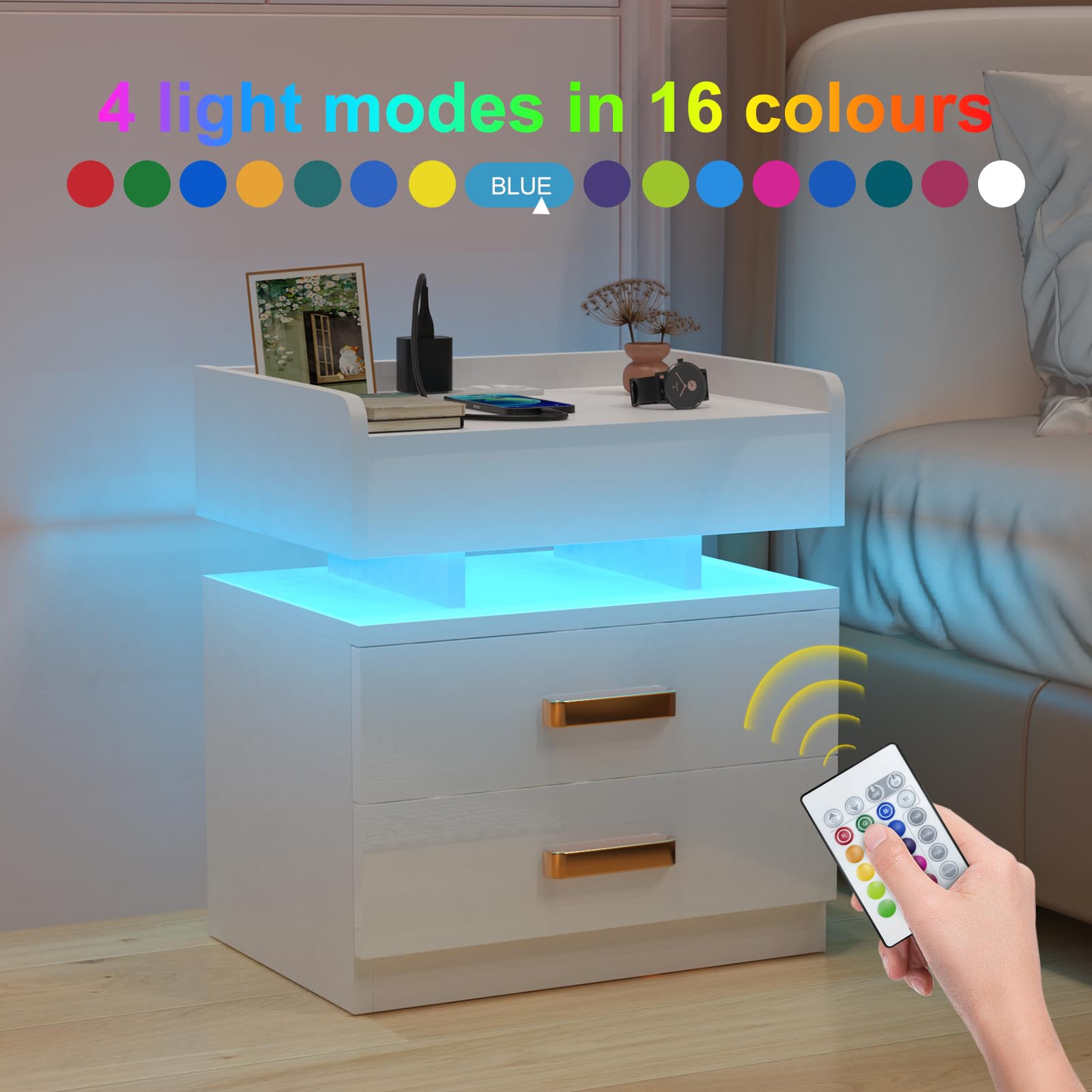 Table De Chevet étroite 30 Cm Avec LED RGB - 2 Prises, 2 Ports USB, 3 Tiroirs, Télécommande, Dimensions 50x30x63 Cm