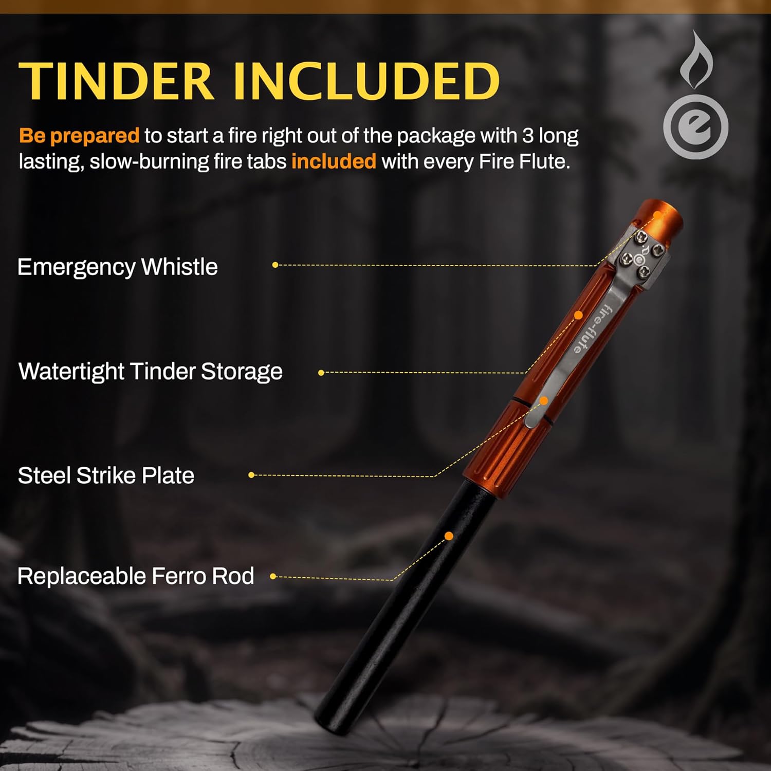 OUTDOOR ELEMENT Fire Flute™ – EDC Aluminum Signal Whistle with Built-in Ferro Rod & Water-Tight Tinder Compartment | Compact Survival Gear for Camping & Hiking