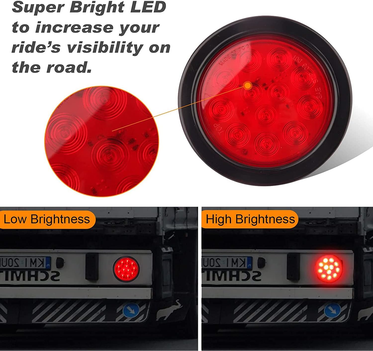 6Pcs 4 Inch Round LED Trailer Tail Lights - 4 Inch Round Led Stop Turn Tail lights Trailer Backup Reverse Fog Lights 12 LED for Trucks RV Rubber Grommet 3 Prong Wire Pigtails Included (4RED+2WHITE)