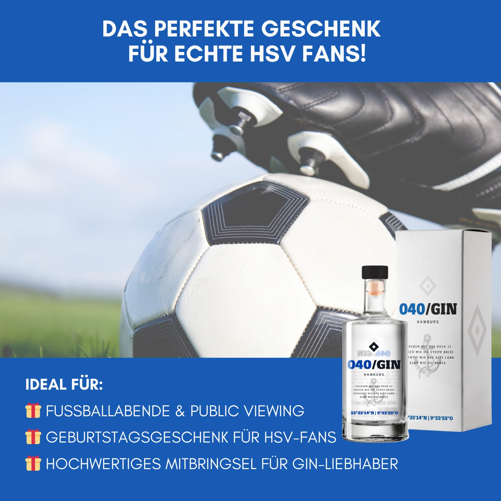 HSV 040 Gin mit Geschenkverpackung | Fanartikel, Fußball | Geschenkidee für echte Hamburger SV Fans, Männer, Frauen | Weihnachten, Hamburg |fruchtiger Gin des HSV | Einzelflasche 500ml | 40% vol.