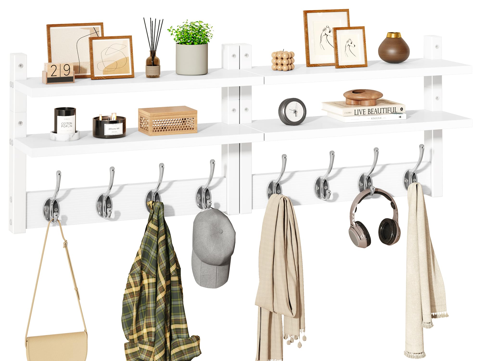 YMYNY Coat Hooks Wall Mounted with Shelf, Two-Tier Coat Rack Wall Mounted with 8 Hooks, Wooden Wall Coat Rack for Entryway, Bedroom for Hanging Clothes/Keys/Hats/Towels, White, HWS009W-2
