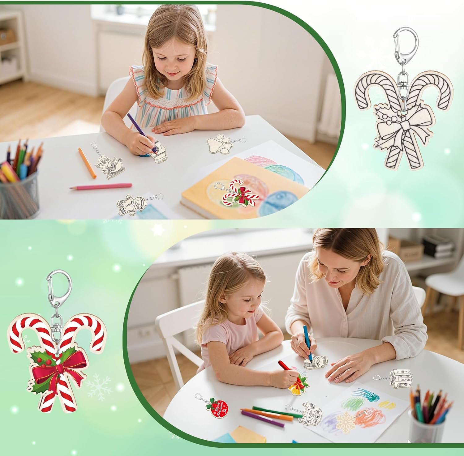 12Pcs Christmas Coloring Crafts Color Your Own Keychains Merry Christmas DIY Craft Wooden Blank Keychains for Xmas Winter Holiday Classroom Home Active Party Favors Gifts, 12 Styles