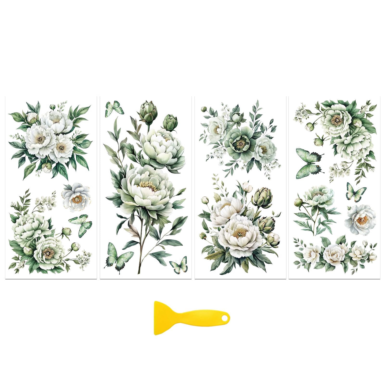 Peacoblue Rub on Transfer Decal Sticker for Furniture Craft Decor 15x30CM Green Flowers, 3Pcs Waterproof UV DTF Transfer for Drawer Dresser Glass Porcelain Wood Plastic