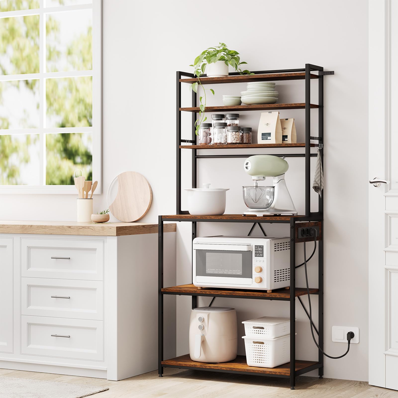 WOLTU Scaffale da Cucina a 6 Livelli con Prese di Corrente, Scaffale per Microonde con Struttura in Metallo e Piano di Lavoro Aperto, Nero+Marrone Rustico, 80x39,5x167cm