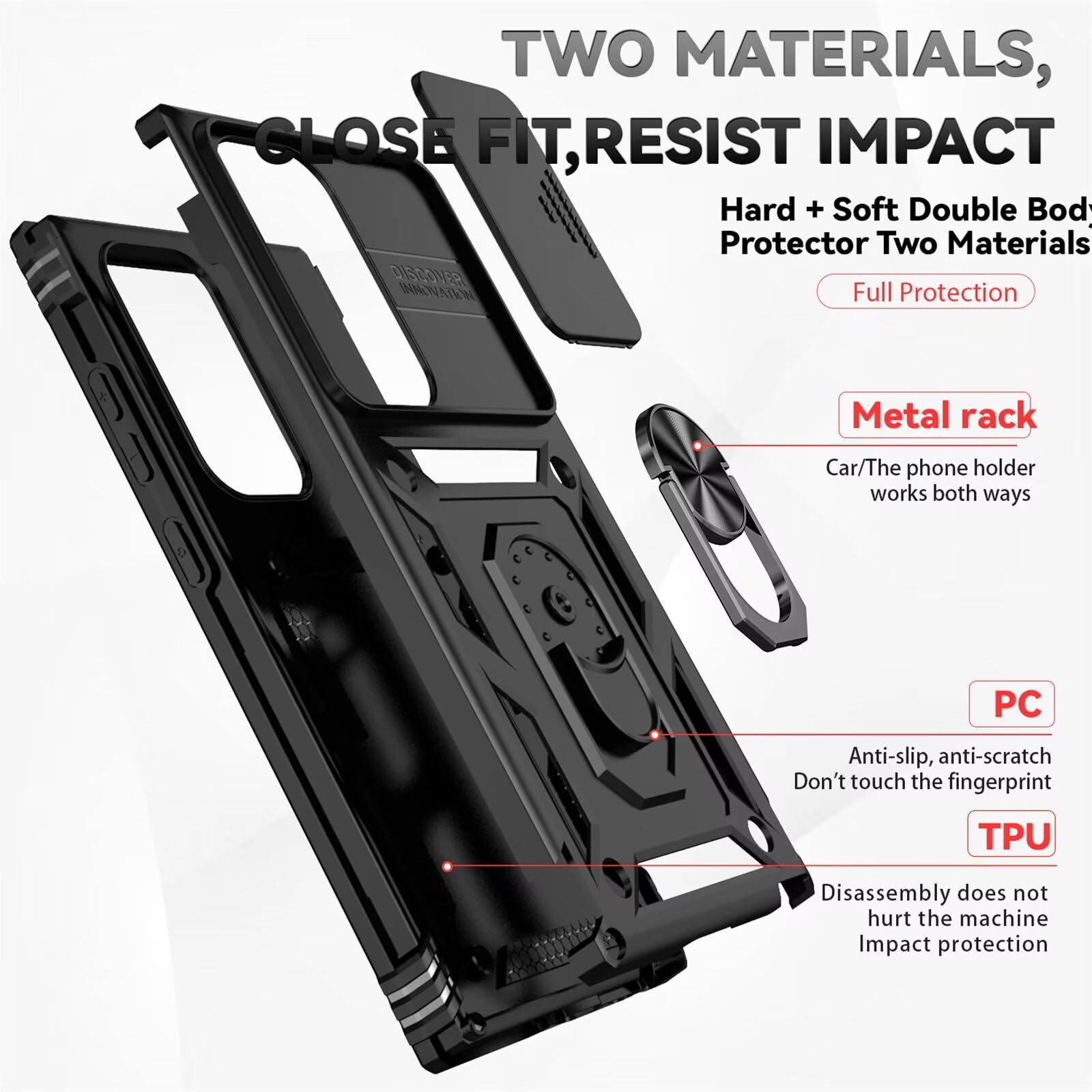 Cover per Samsung galaxy S24 Ultra con Vetro Temperato Custodia con Scorrevole Protezione Fotocamera Custodia Rotante Anello Supporto Antiurto TPU Bumper Custodie Case Cover-Nero