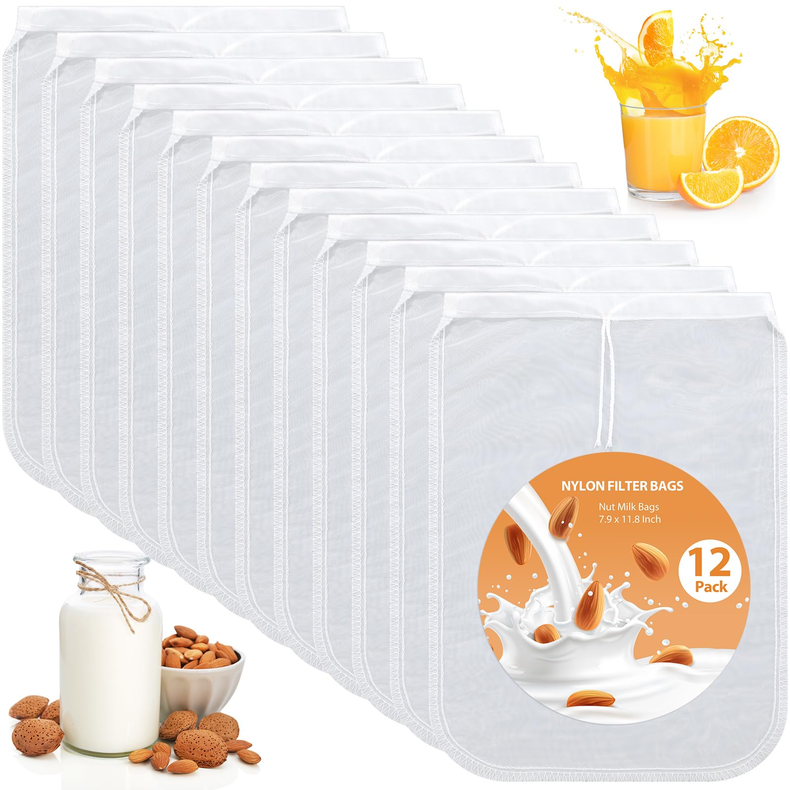Tudomro 12 Pcs Nut Milk Bag Reusable Food Safe Nylon Bag Strainer Nut Milk Mesh for Straining Almond, Coffee, Juices, Yogurt, Soup and Doufu, 7.9 x 11.8 Inch