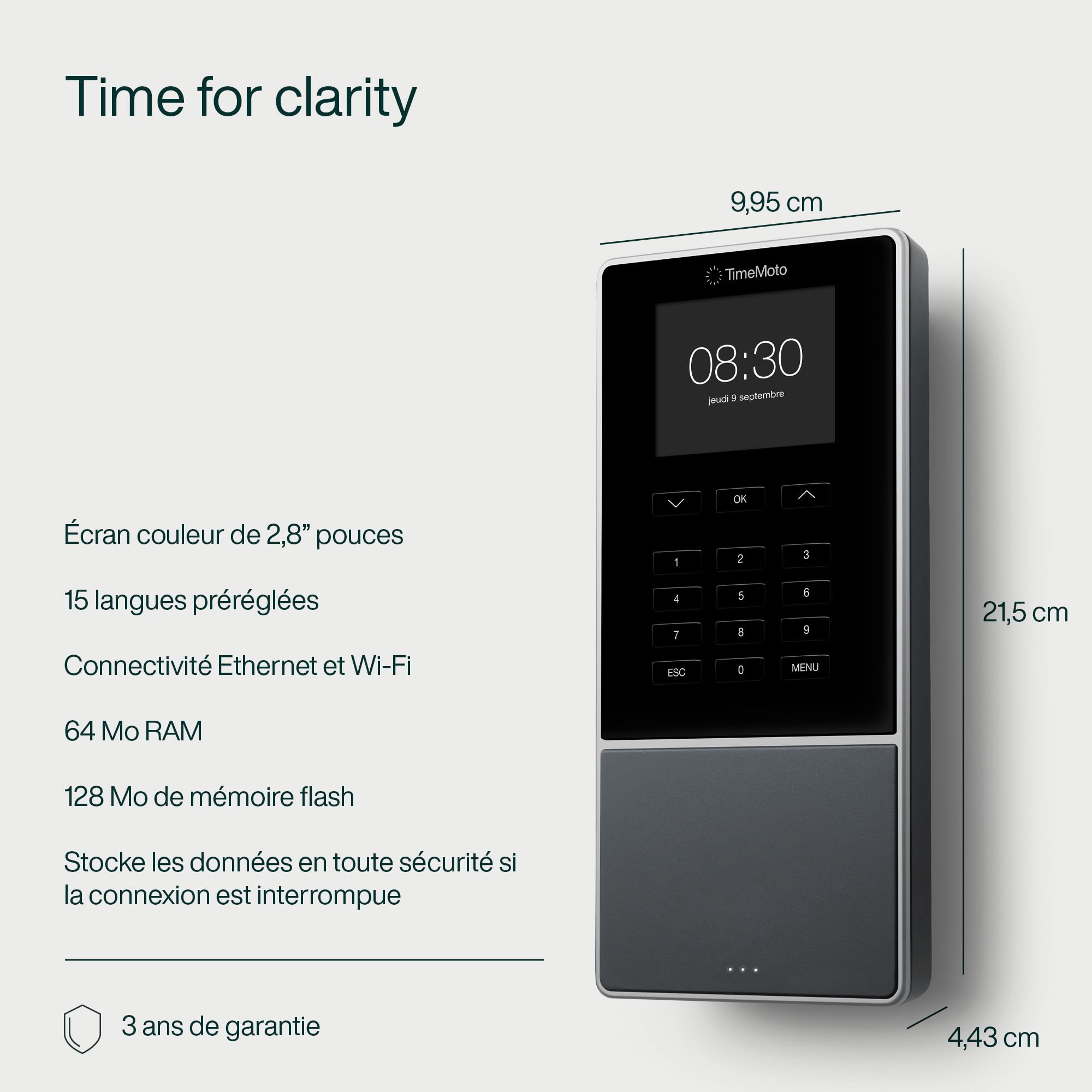 TimeMoto TM—616 pointeuse horaire personnel avec Cloud, badgeuse RFID et PIN, pour 200 utilisateurs max. Rapports, plannings, Wi-Fi, appli iOS/Android.