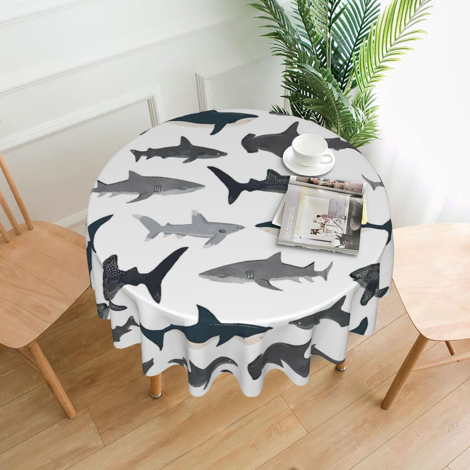 VCzsdff sharks nautical Print Stain Resistant Round Tablecloth 60in Family Friendly Polyester Cloth for Kids Meals