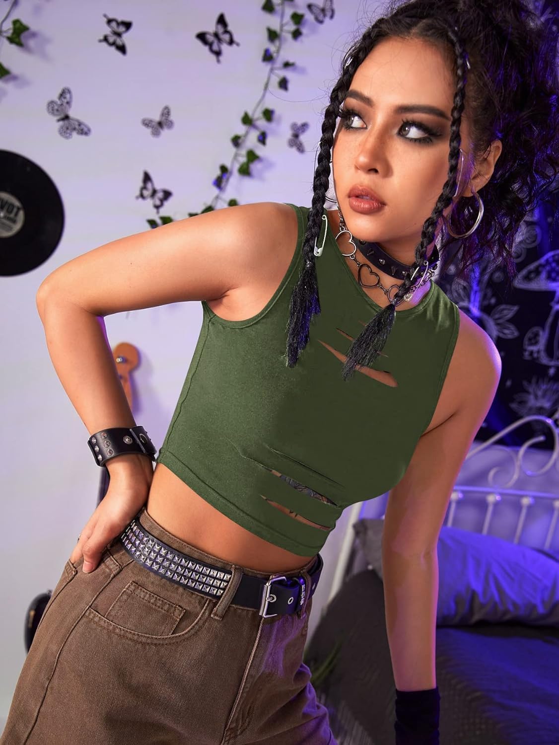 Floerns Women's Cut Out Sleeveless Round Neck Punk Rock Solid Ripped Crop Tank Top: X-Small Green
