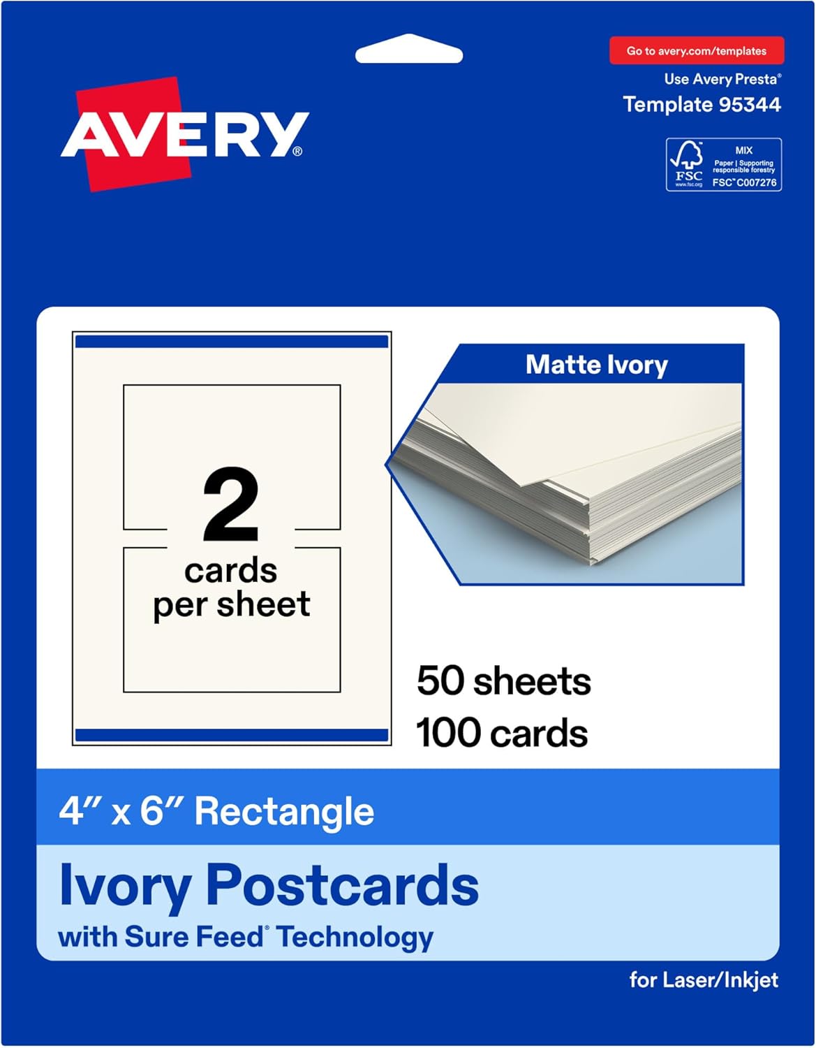 Avery Printable Rectangle Cards, Sure Feed Technology, 4" x 6", Matte Ivory Cardstock, Print-to-the-Edge, Laser/Inkjet, 100 Total, Great for Postcards and Thank You Cards
