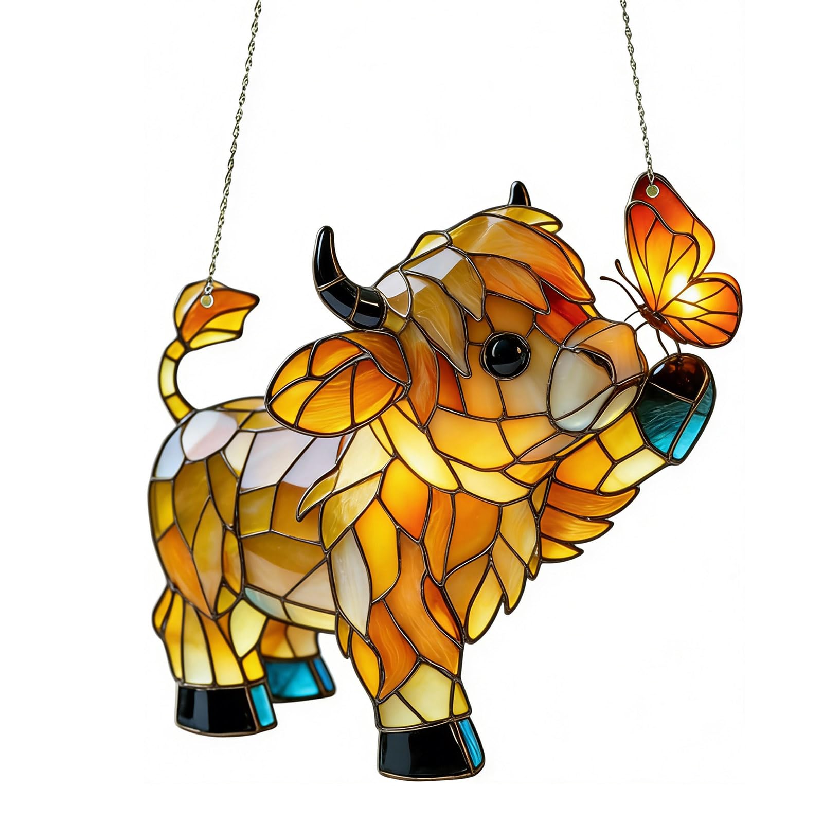 Highland Cow Butterfly Suncatcher, Stained Glass Suncatcher Highland Cow,Farm Animal Sun Catcher Ornament for Home Window, Garden, Farmhouse Decor (C)