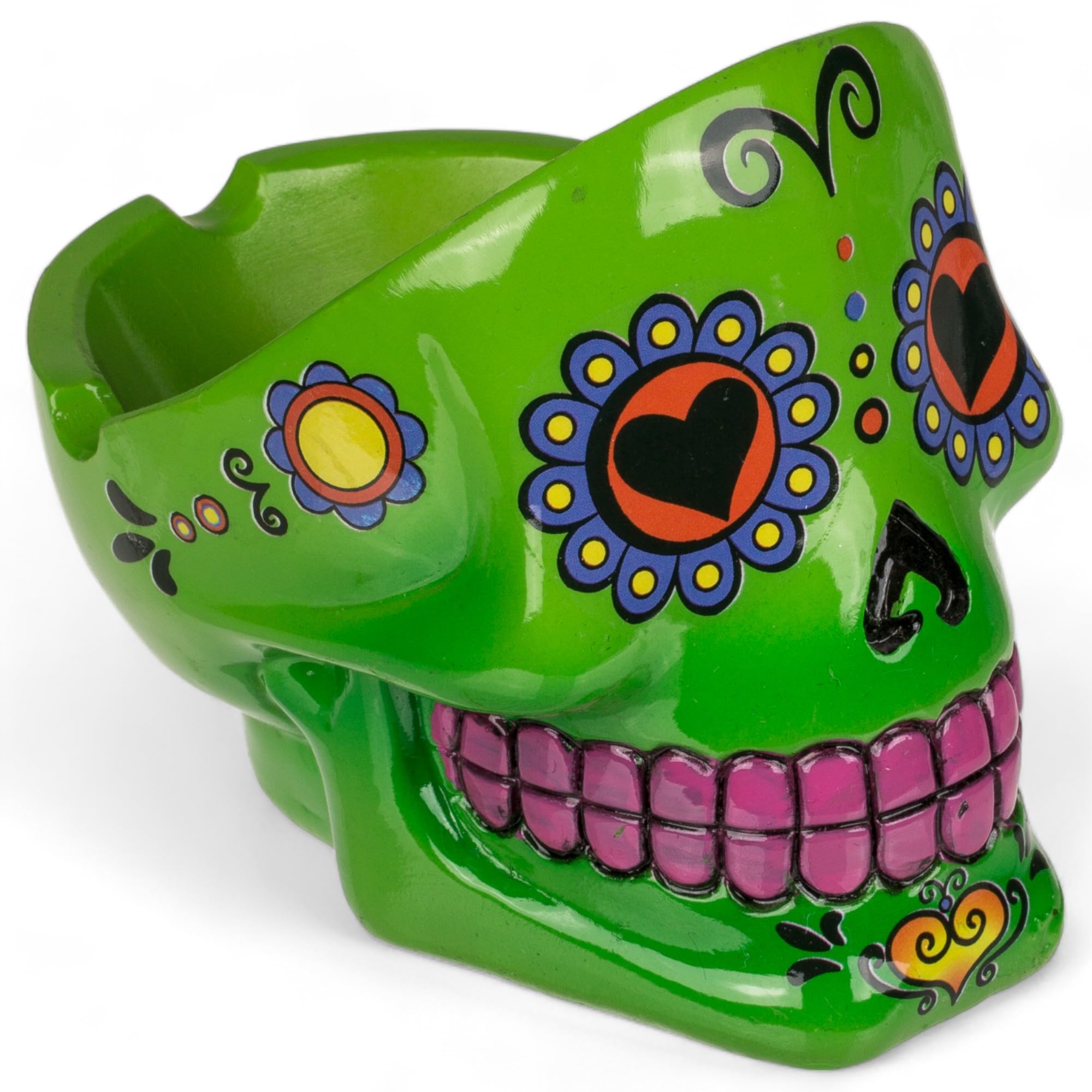 MIJOMA Popielniczka Sugar Skull – dekoracyjna popielniczka z czaszką w meksykańskim stylu Calaveras – ręcznie malowana, dekoracyjna pamiątka z żywicy poliestrowej – fajny prezent dla palaczy (zielona)