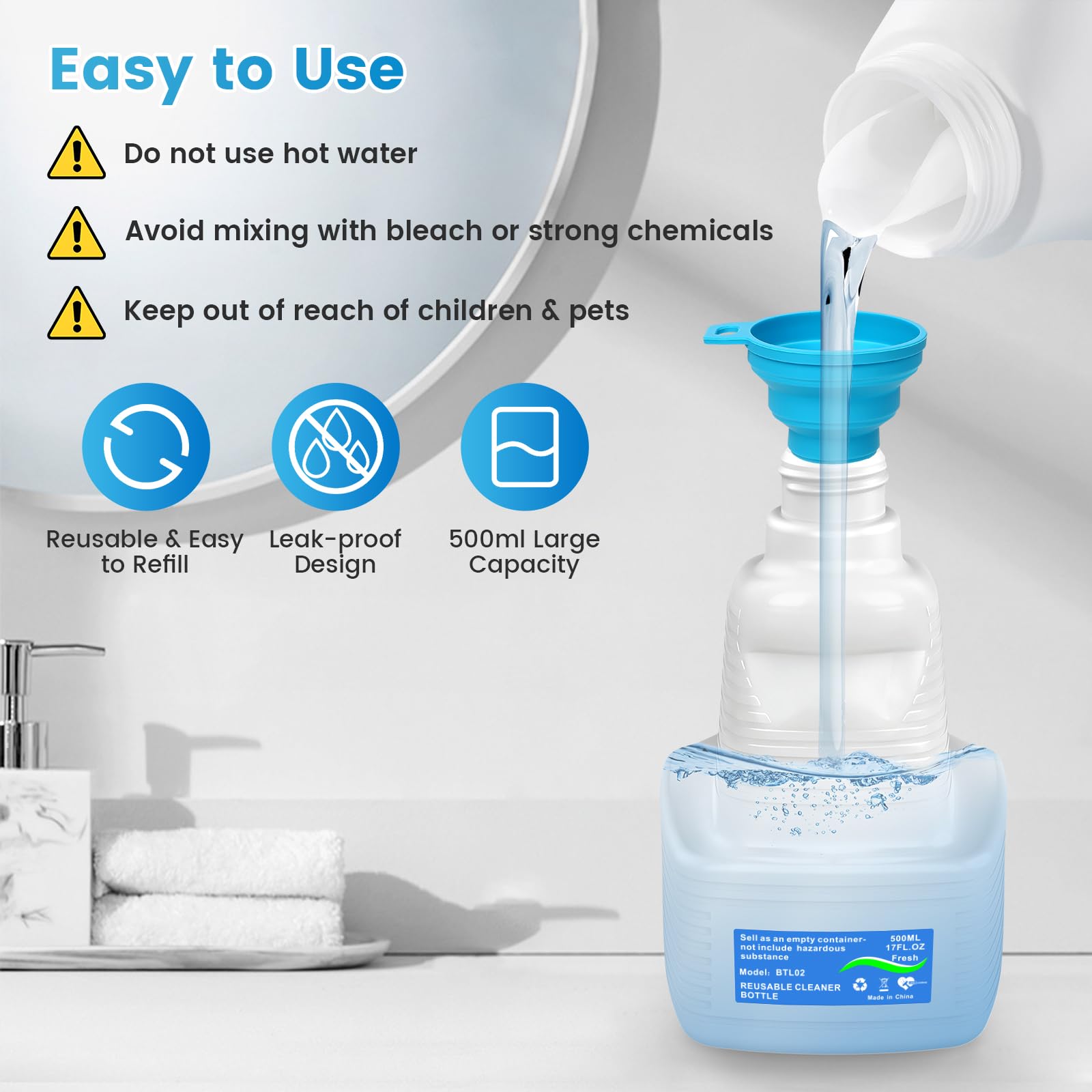 Butelka wielokrotnego napełniania do mopa Swiffer Wet Jet 500 ml / 17 FL OZ, szczelna, HDPE, pusta butelka do czyszczenia z 10 silikonowymi uszczelkami i 1 lejkiem, pielęgnacja drewna i bezpieczna dla