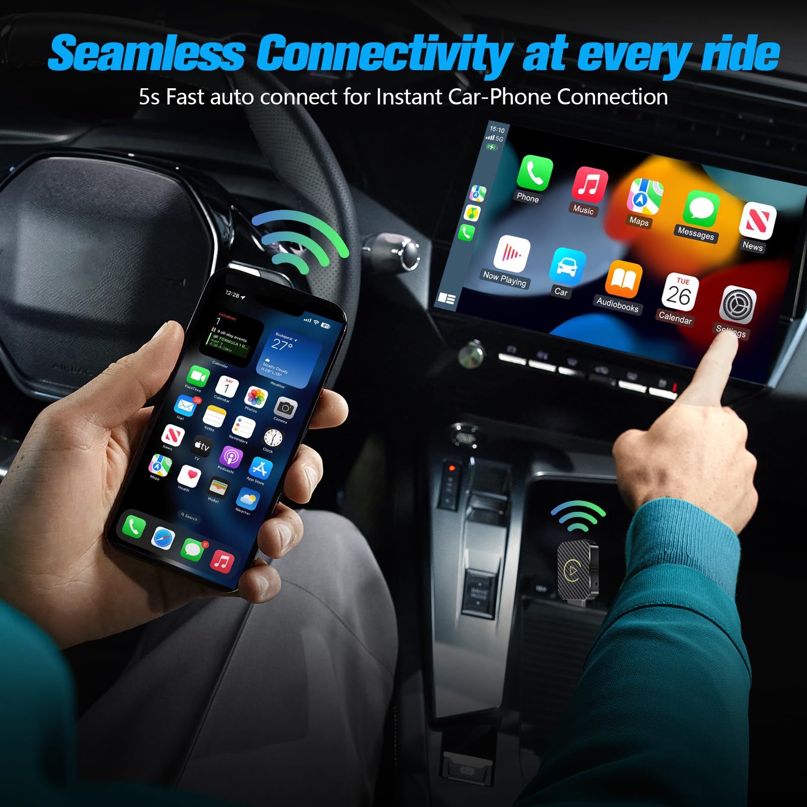Adattatore per Carplay e auto, Convertitore CarPlay/Android Auto Cablato in Wireless, USB C/A, Plug and Play, Stabile
