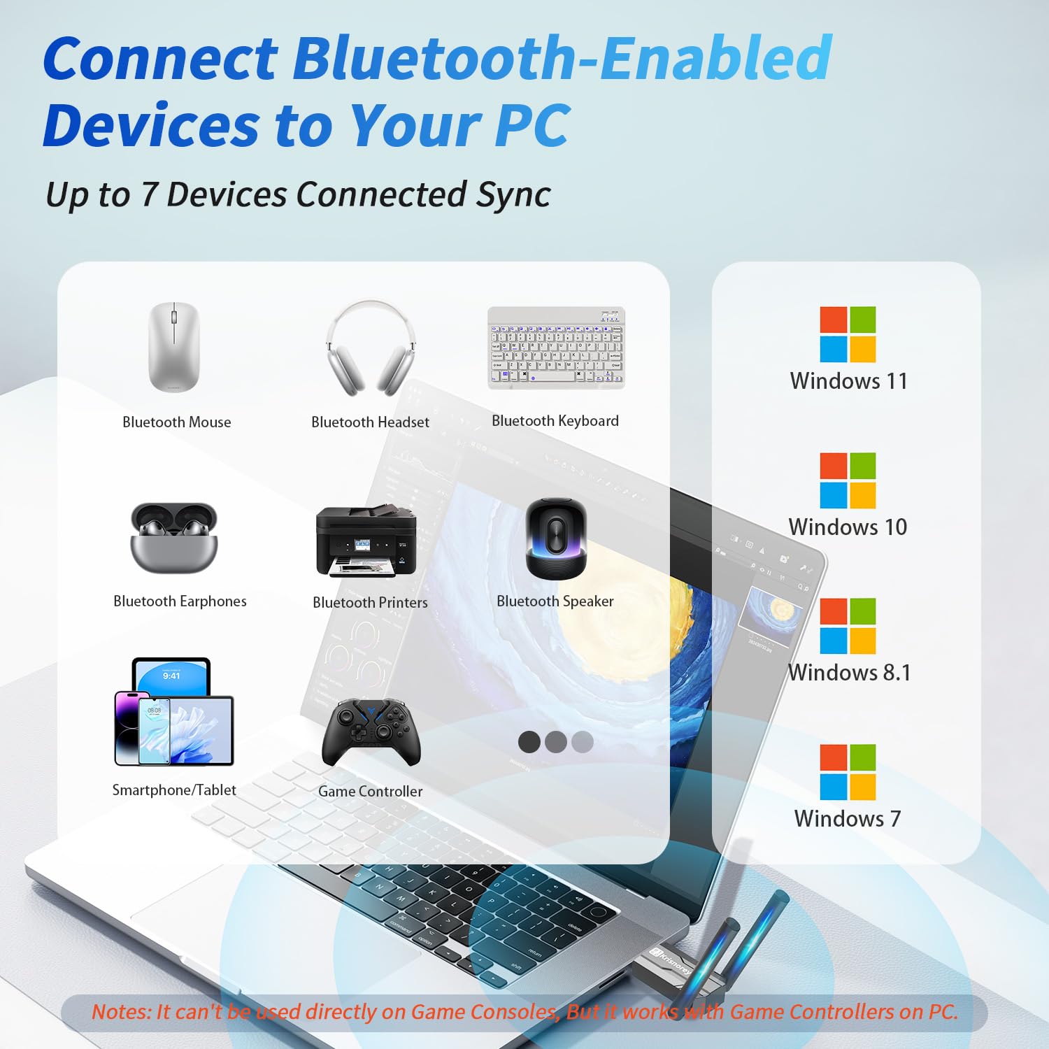 Long Range USB Bluetooth 6.0 Adapter for PC, Built-in PA Enhanced 5dBi High Gain Wireless Dongle w/Dual Antennas, Supports Windows 11/10/8.1/7 Laptop Desktop, NOT For TV, Mac, Car Stereo — view 2