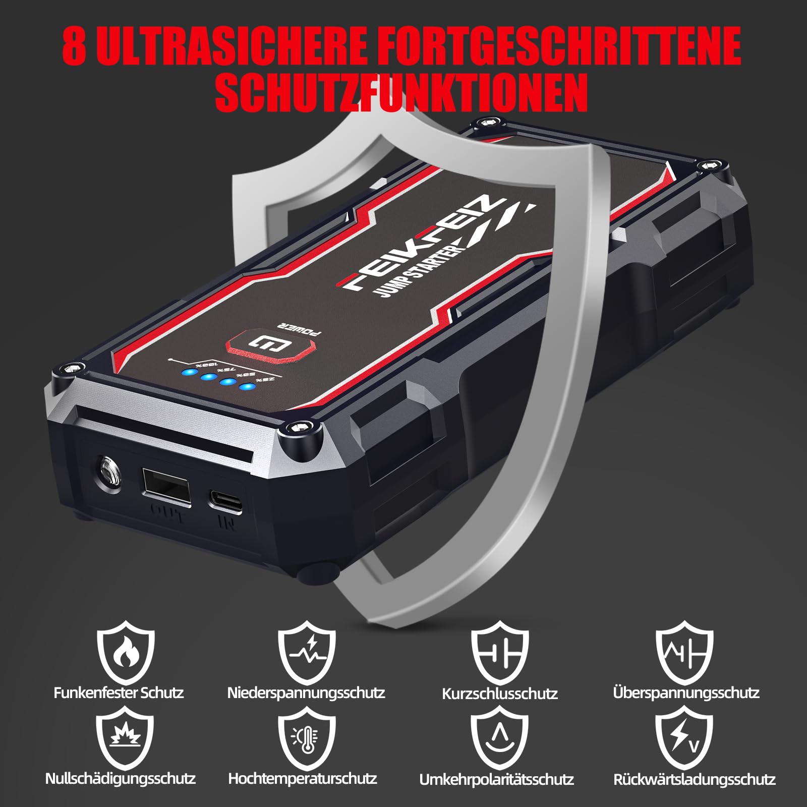 FEIKFEIZ Auto Starthilfe Powerbank, 6000A Spitzenstrom 26800mAh, Geeignet für 12V Auto Batterie (Alle Benzin und Bis Zu 8,0L Diesel), mit USB-Ladeausgang und LED-Licht