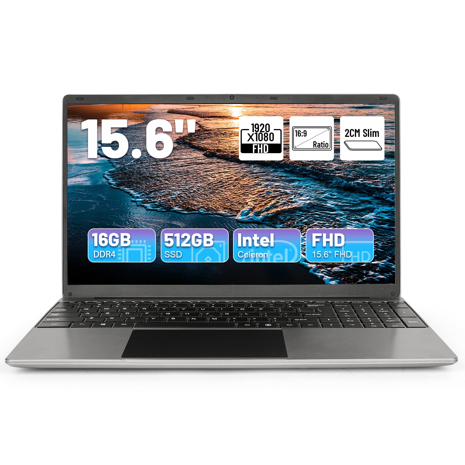 Hcjip PC Portatile 15,6 Pollici 16G RAM 512G ROM Computer Portatile Processore Quad Core Celeron N5095, Fino a 2,9 GHz, 1080P FHD Laptop, WiFi, Bluetooth, Mini HDMI, USB 3.0, Type C (Grigio Argento)