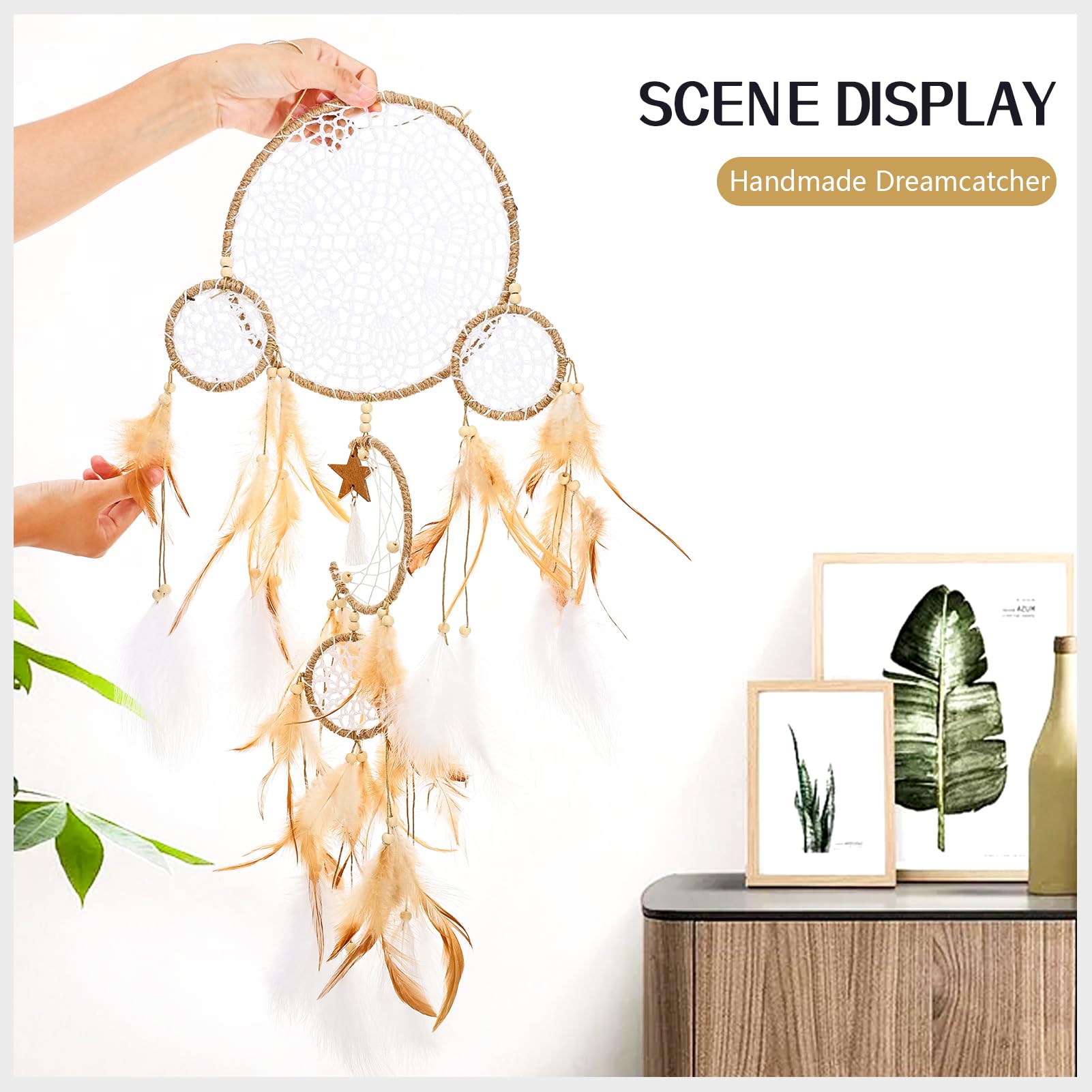 5 Stück großer Traumfänger Mond Sonne Boho Wandbehang Dekor Makramee Traumfänger Ornament Handarbeit Weben Federn Home Zimmer Dekoration Handwerk Geschenk