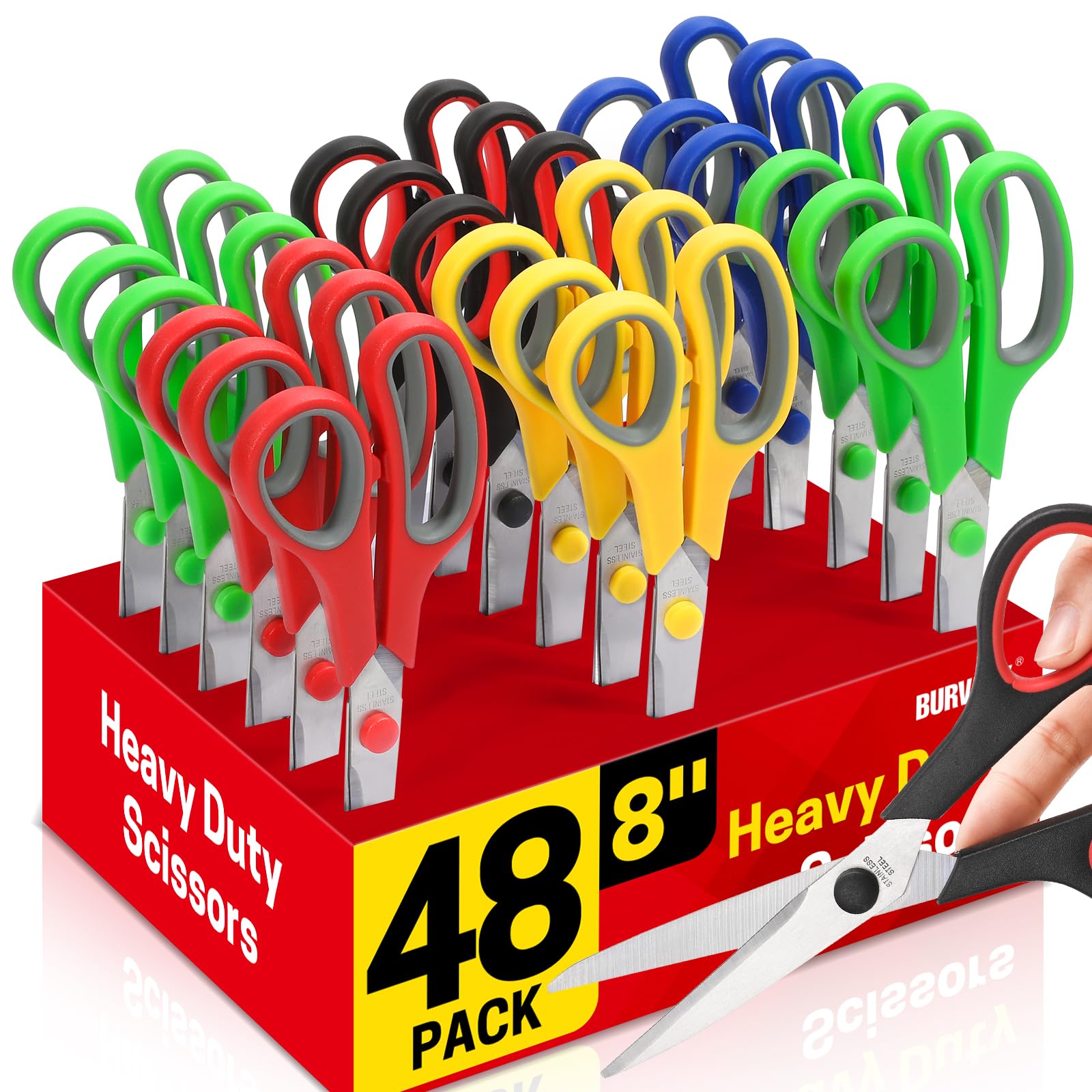 BURVAGY 8" Multipurpose Scissor Bulk 48 Pack, Comfort Grip Handles Ultra Sharp Blade Shears Stainless Steel Scissors for Office Home, All Purpose Scissors