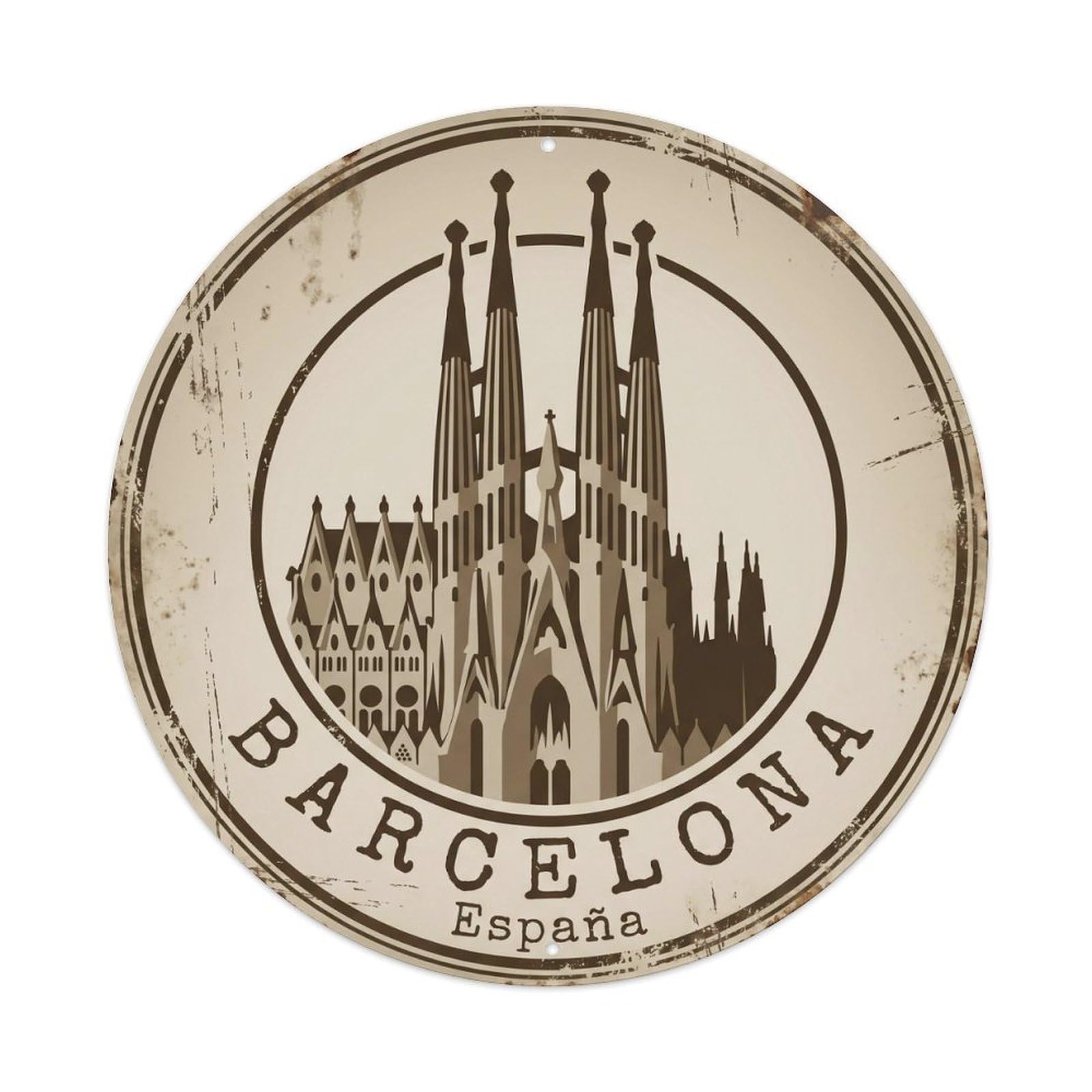 City Landmark Espana Barcelona Classic Destination Heritage Metal Tin Sign Plaque Wall Decor for Cafe, Man Cave, Club Bar, Office, Home Garden Round Metal Poster 8x8Inch