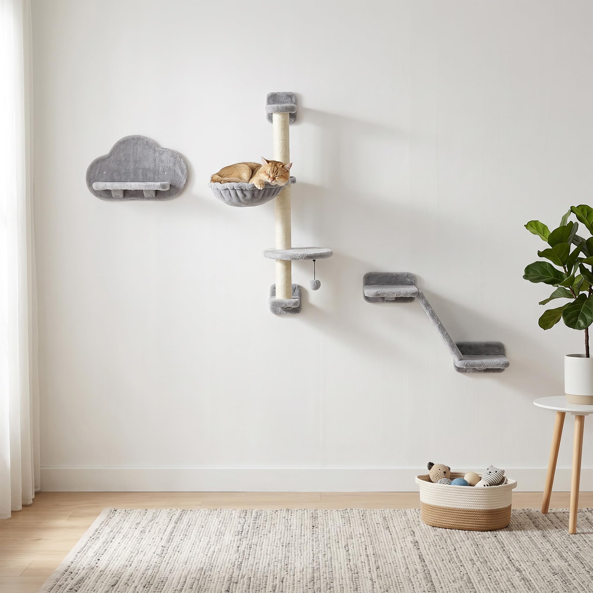 PawHut Cat Wall Furniture with Hammock, Platforms, Ladder, Scratching Post - Grey