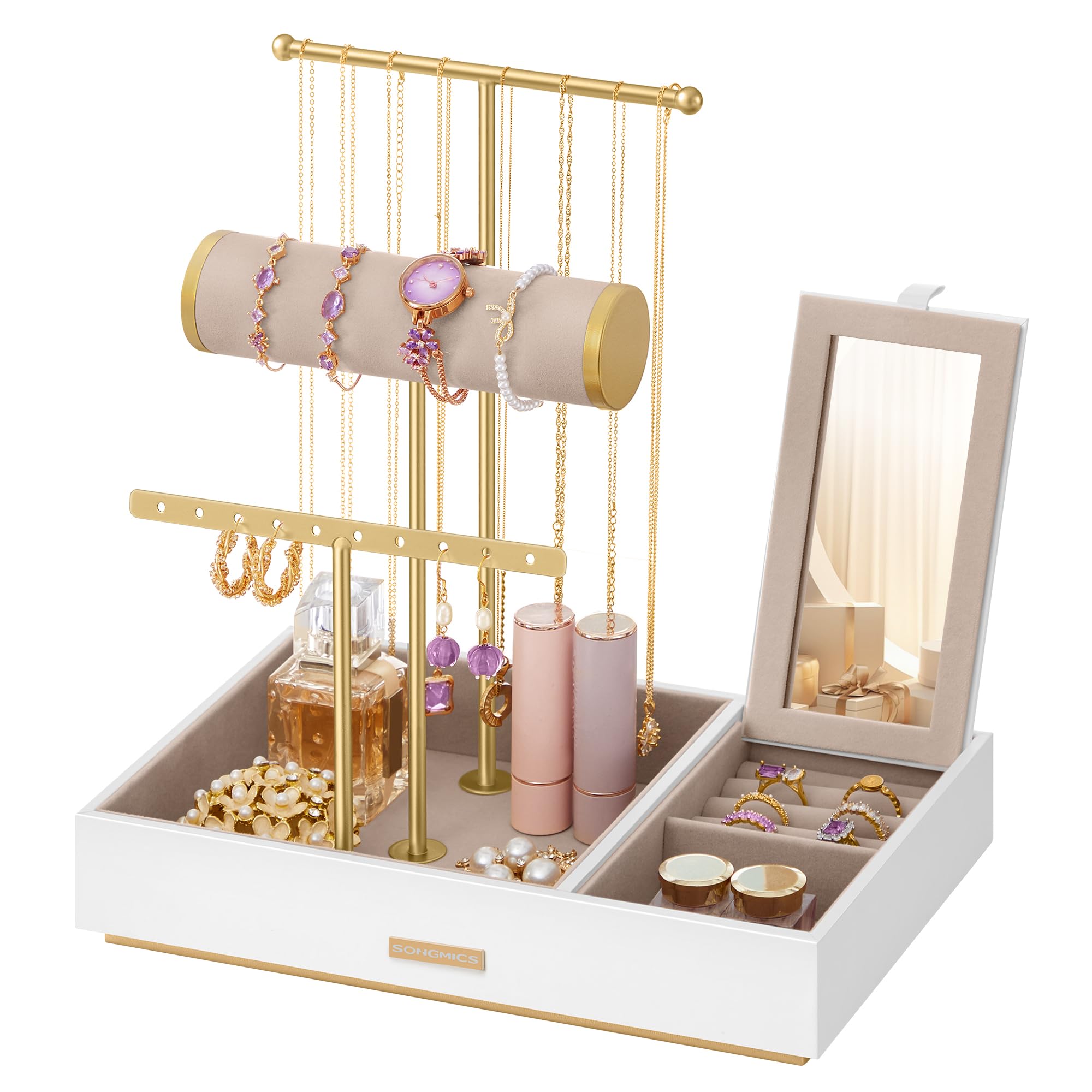 SONGMICS Jewelry Holder, Jewelry Organizer, Jewelry Display Stand, Metal Earring Organizer with Mirror, with Necklace Earring Bracelet Holder, for Rings, Gift Idea, White and Gold UJJS022W01V1