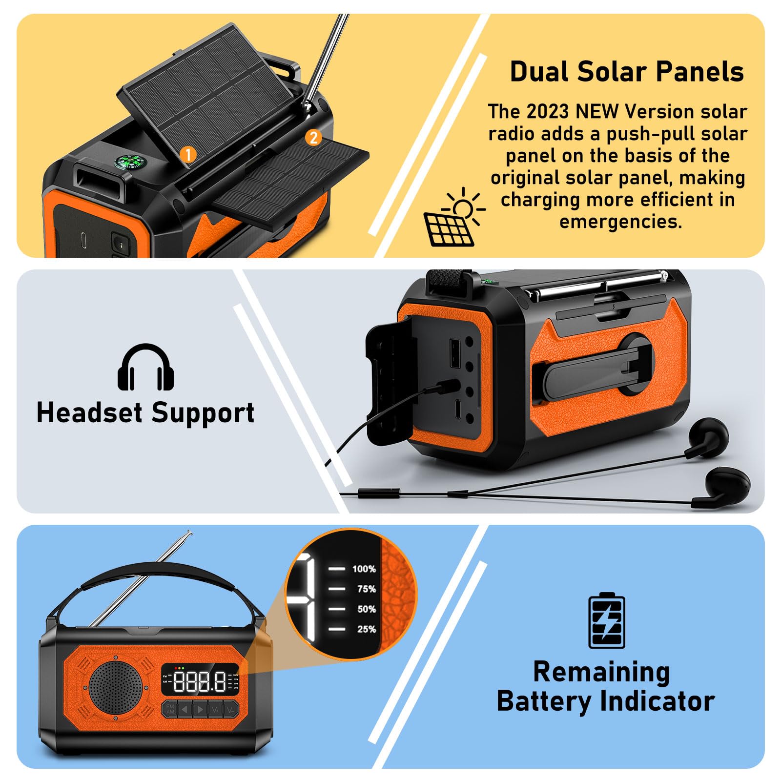 12000mAh Kurbelradio mit Handyladefunktion, Solar Radio mit 2 Sonnenkollektoren, AM/FM Tragbar Notfallradio mit Kopfhöreranschluss/Leseleuchte/LED Taschenlampe/Kompass/SOS Alarm für Camping Outdoor