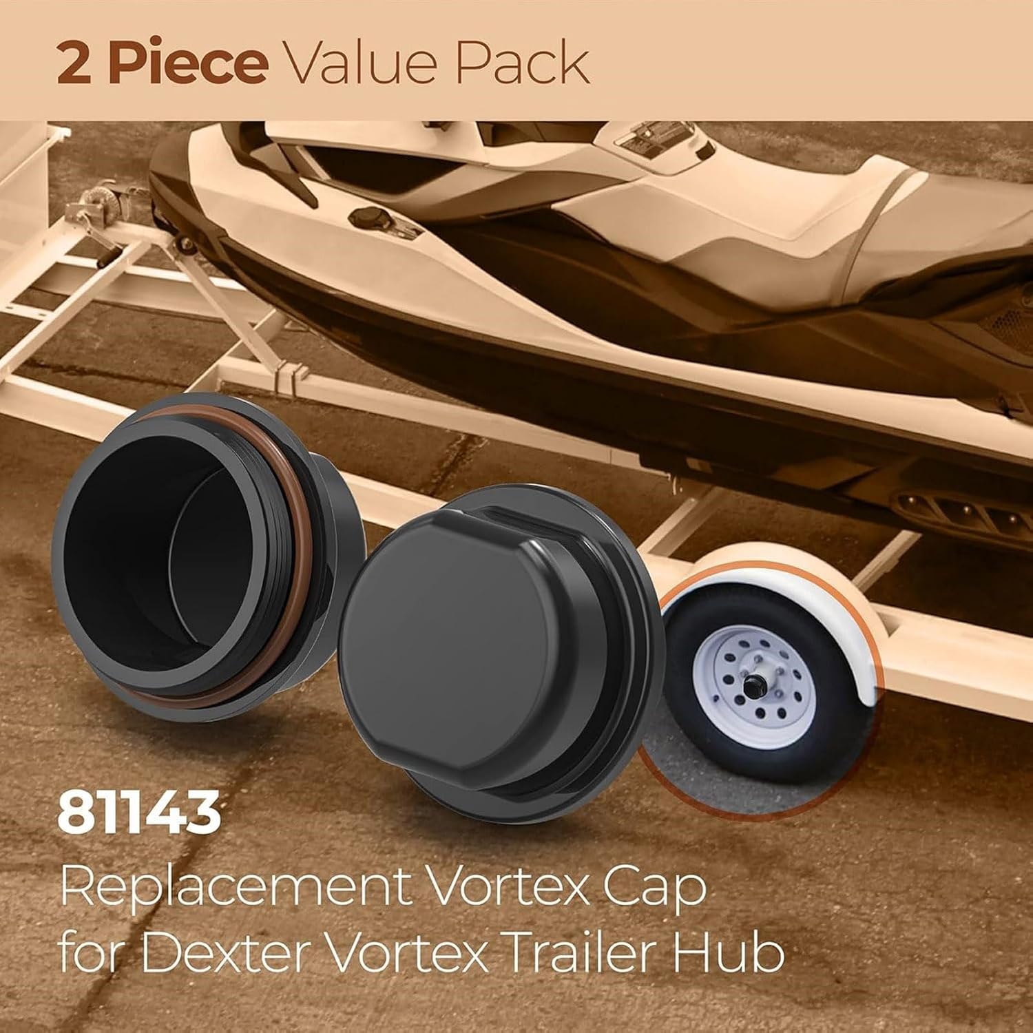 Boat Trailer Dust Hub, Replacement Hub Dust Cap with O-Ring for Vortex Hubs with 5 Bolts Accessory, Pack of 2
