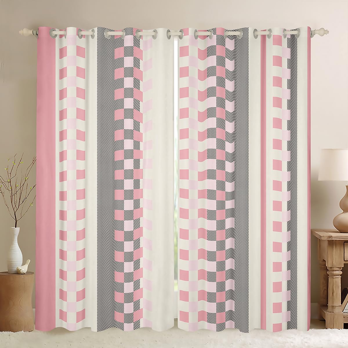 Homewish Rideau Occultant 140x245 cm Plaid Rose,Rideau Gris Rose À Échecs,Rideaux Voilage Grille Géométrique,Voilage Fenetre pour Enfants Garçons Filles Rayures Modernes Esthétique pour Chambre Salon