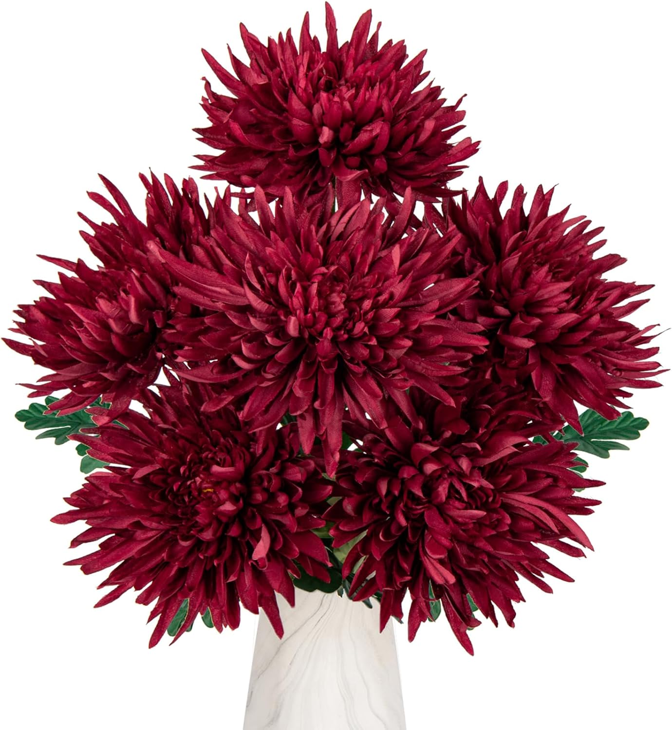Hollyone 6Pcs Red Artificial Mums for Outdoors Fall Flowers Fall Mums Decor Large Chrysanthemum Flower 25.6" Long Stem Faux Spider Mum Silk Flower Fake Arrangements Bouquet Autumn Decorations for Home Wine Red