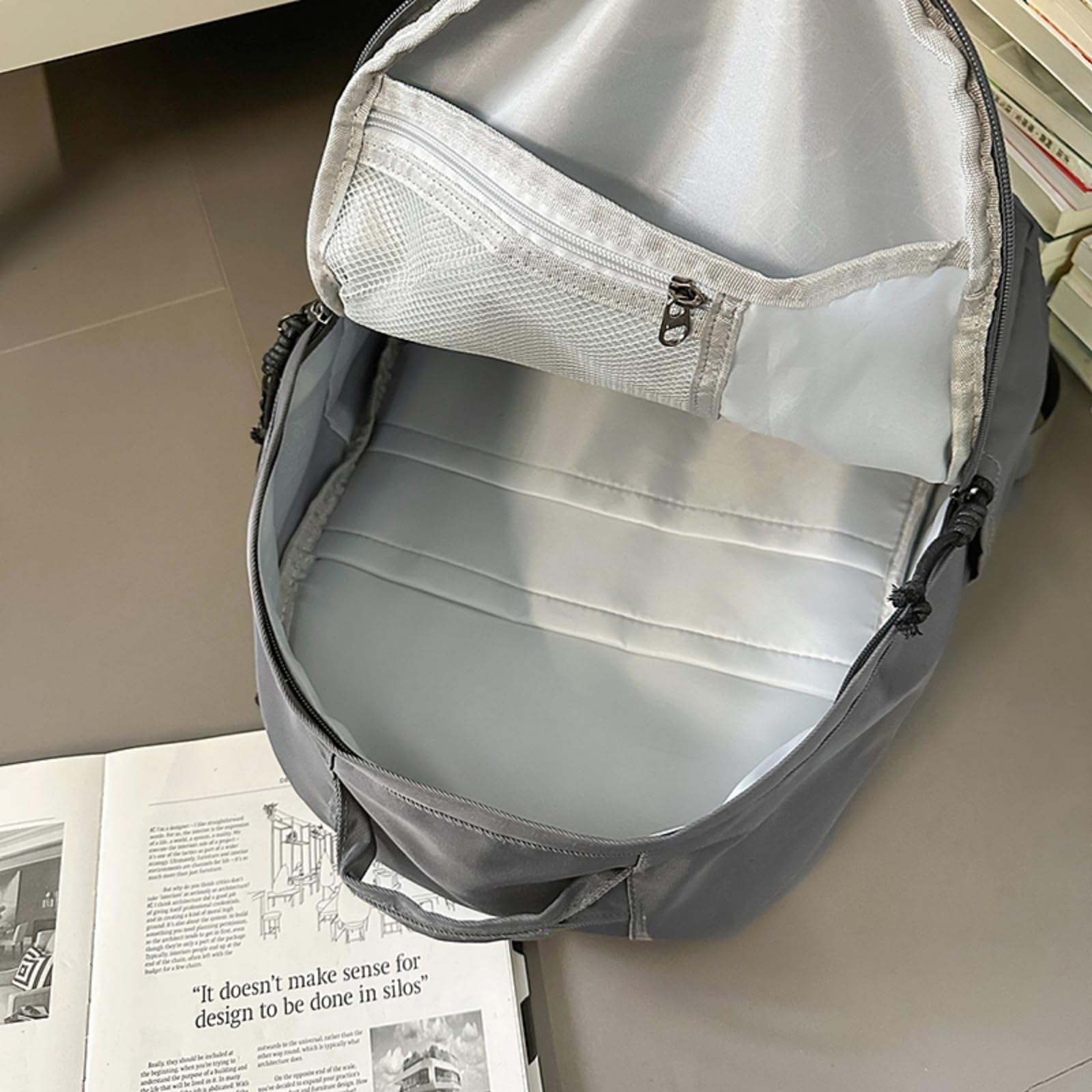 Zaino in Nylon Casual Multi Tasca, Scolastico per Laptop di Viaggio Giornaliero Adolescente-Beige