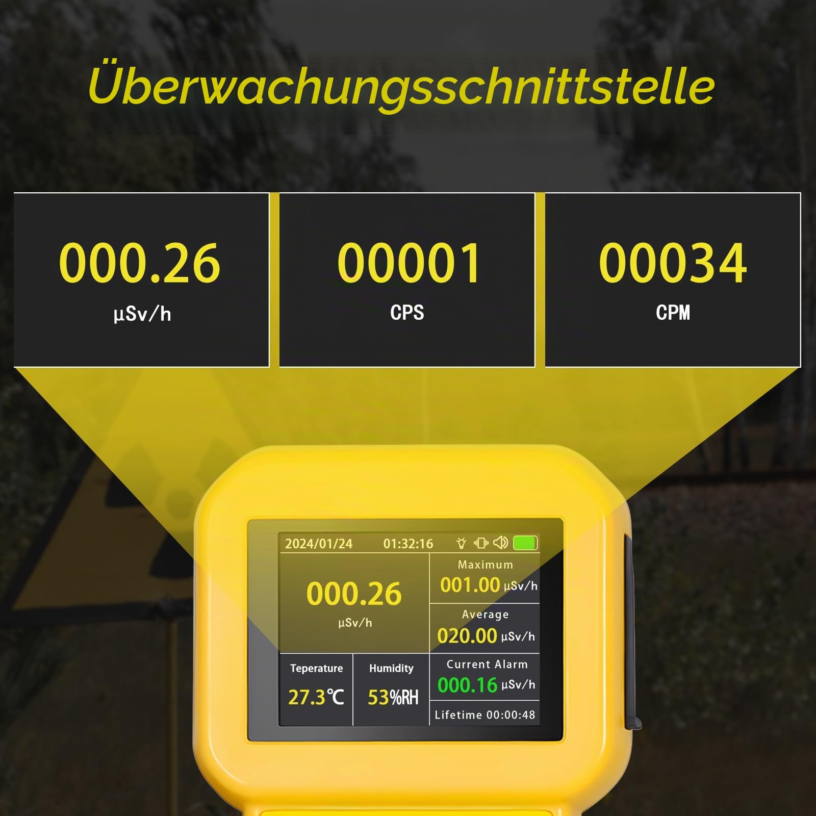 Geigerzähler, Nuklearer Strahlungsdetektor mit LCD-Anzeige Radioaktiver Detektor Erkennt Beta-Gamma-Röntgenstrahlung CPM-Pegel mit Alarm, Wiederaufladbarer Strahlungsmonitor（Gelb）