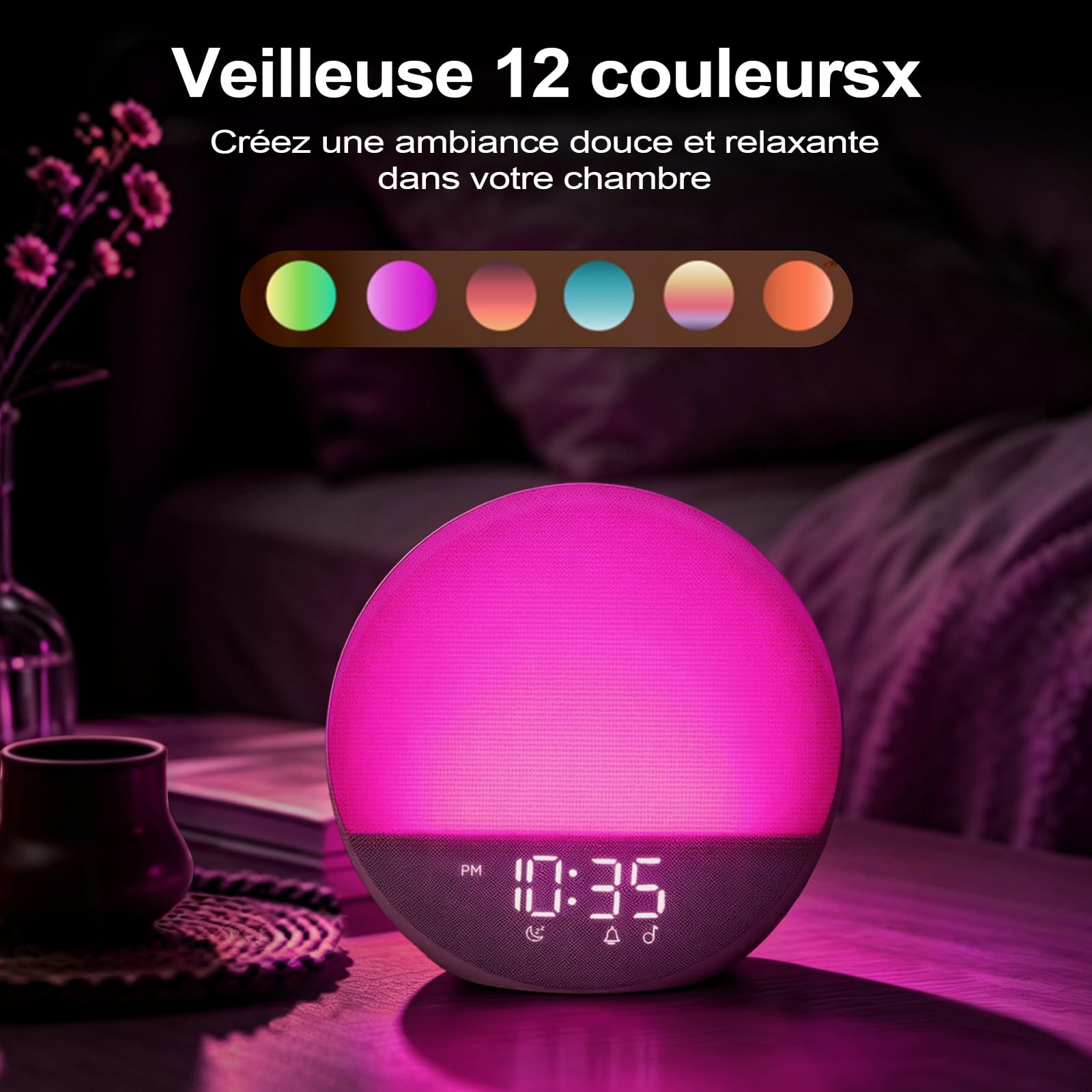 Réveil Simulateur d’Aube Bluetooth, Réveil Lumineux, Beige | 3 modes de réveil, 7 alarmes, haut-parleur 5 W, veilleuse RGB 12 couleurs et écran réglable 0–100 %, sans application