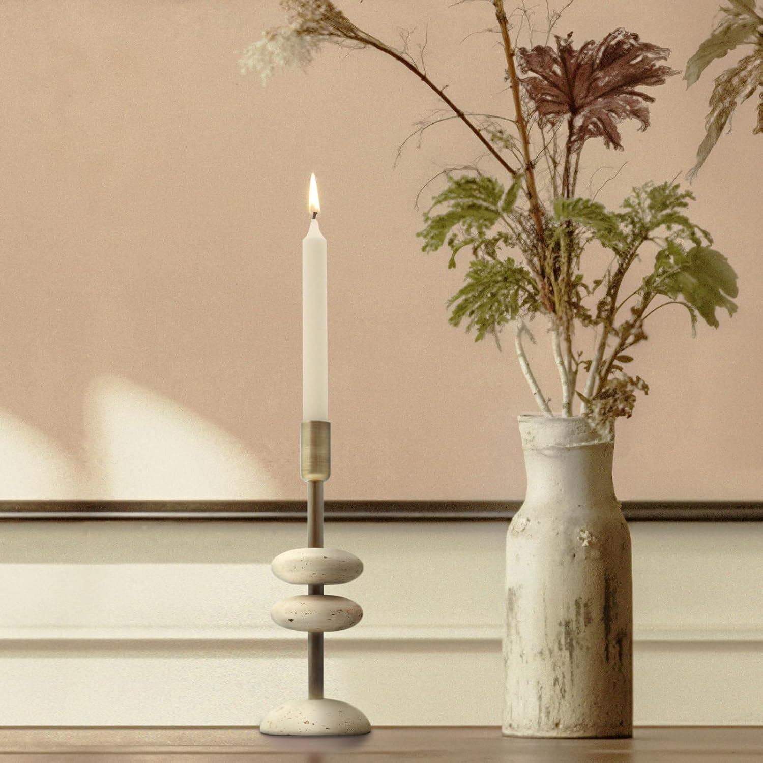 Marble Candlestick Holders, Taper Candle Holder for Table Candles White Candelabra Candle Holders for Console Tabale, Wedding Centerpiece, Cozy Home Decor, Travertine, 10''