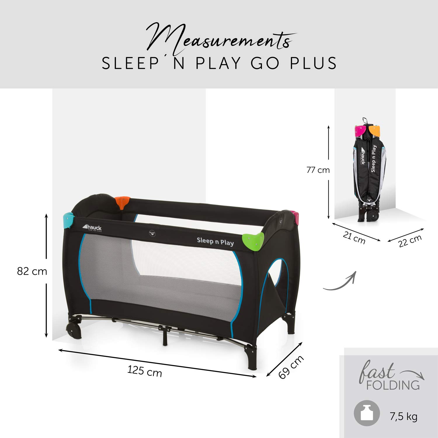 hauck Lettino Da Viaggio Sleep N Play Go Plus - Culla Neonato fino a 15kg - Letto Pieghevole 60x120cm - Box Bambini con Ruote, Apertura Laterale e Borsa - Nero, multicolore