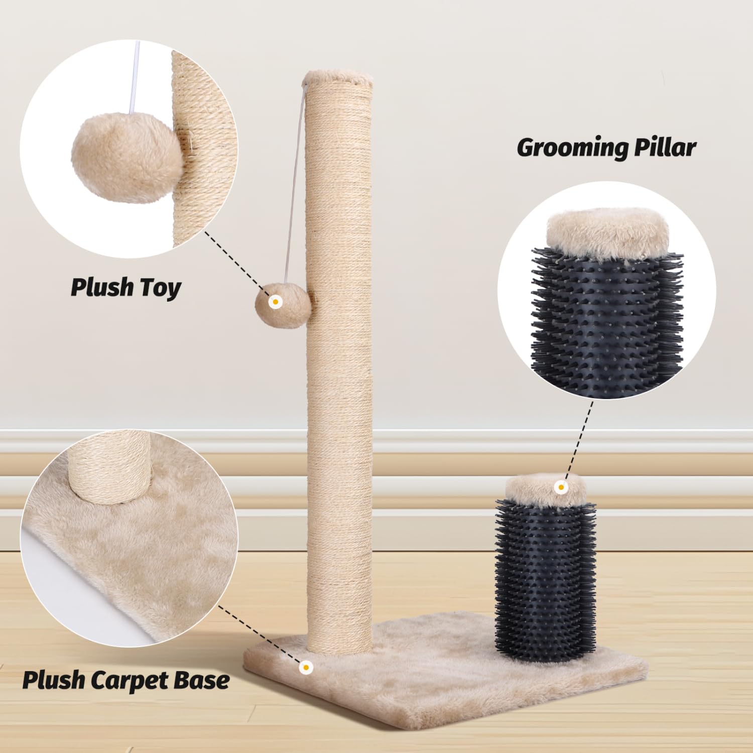 Nobleza Rascador para Gatos， Poste de Rascador para Gatos， Cuerda de Sisal Natural con Bolas Juguete y Peine de Silicona para Gatos， 60x30x30cm Color Beige