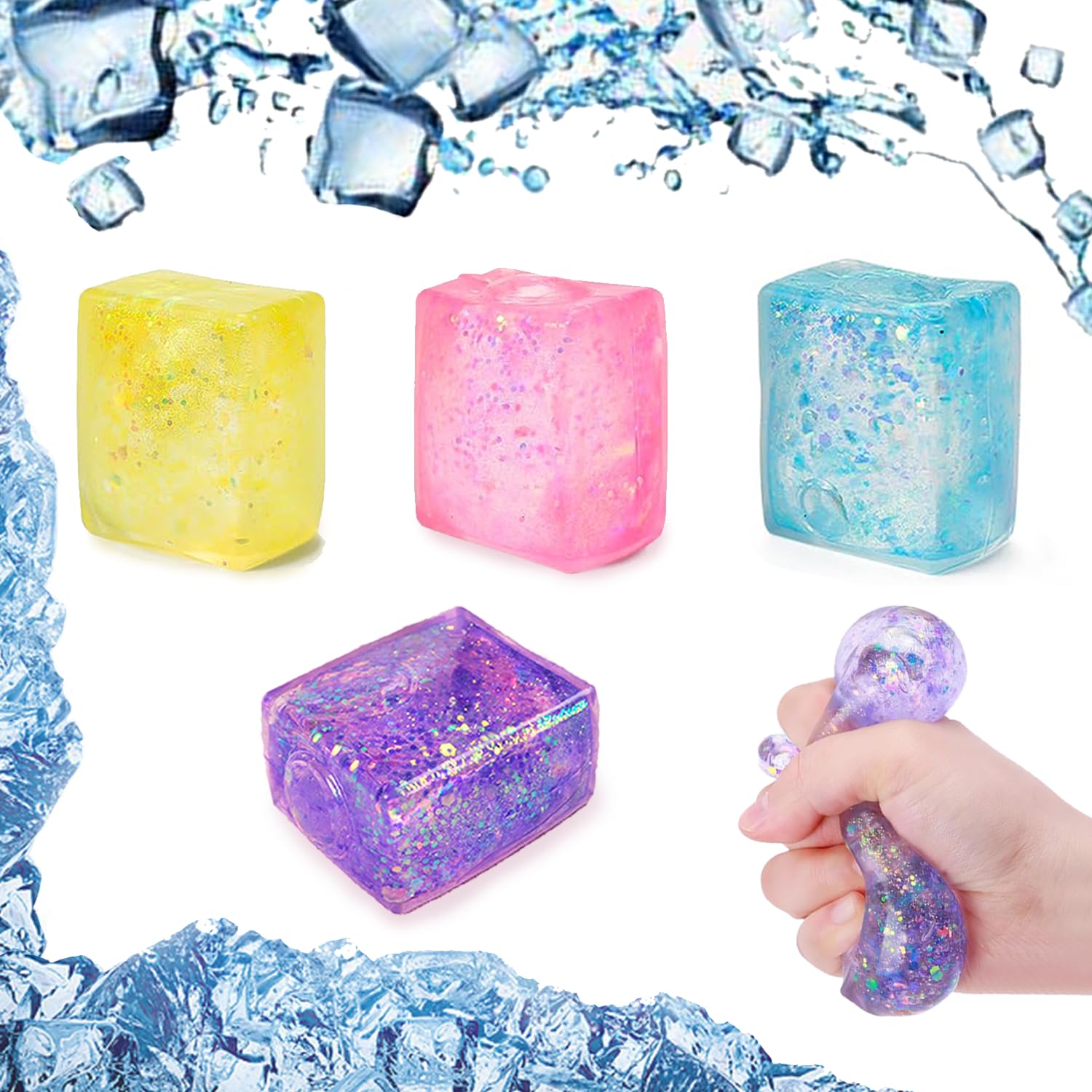 RHQFDM4 Pieces Stress Ball for Kids Adults,Glitter Ice Cube Squeeze Toys Ball Soft Squeeze Cube Fidget Toys for Kid Christmas Stocking Filler Toys Stretchy Fidget Cubes for Children's Party Favours
