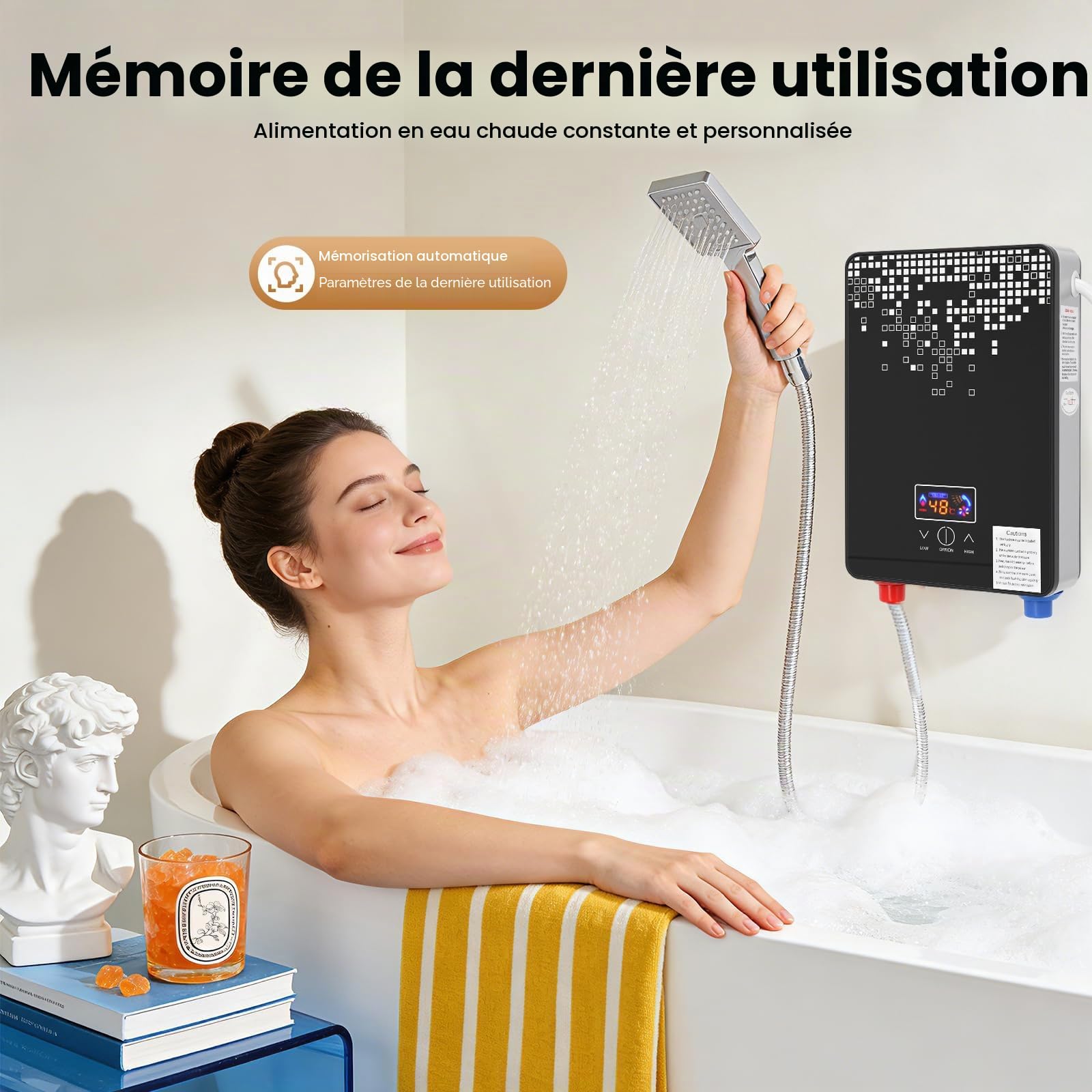 Chauffe-eau électrique 6500 W, chauffe-eau électrique avec écran LED, température réglable, température réglable, étanche IPX24, chauffe-eau, avec douchette à main, pour salle de bain et douche