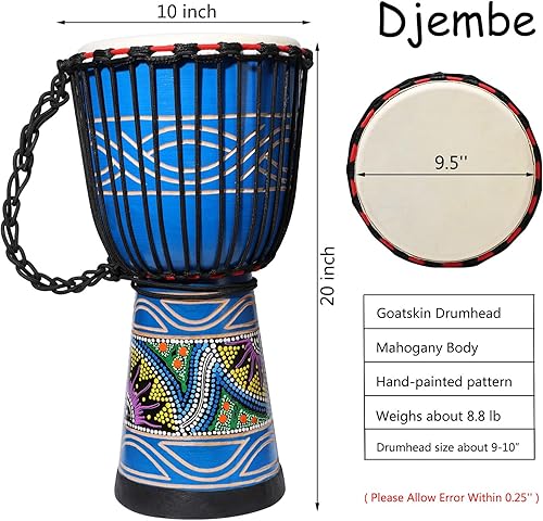 Miniatura 2 de LIEKE Djembe - Tambor africano de 10 x 20 pulgadas, cabeza de cabra caoba, pintado a mano, patrón pintado a mano, para adultos principiantes (azul)